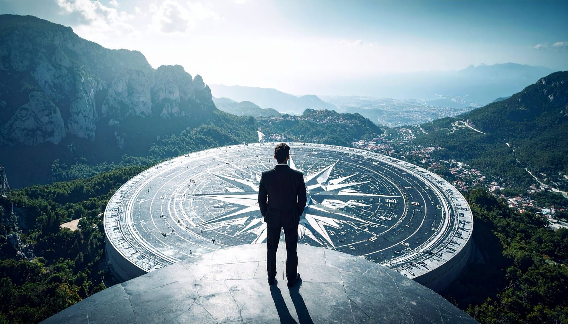 A suited man seen from behind on a stone platform before a giant compass rose, overlooking a mountain valley and distant city