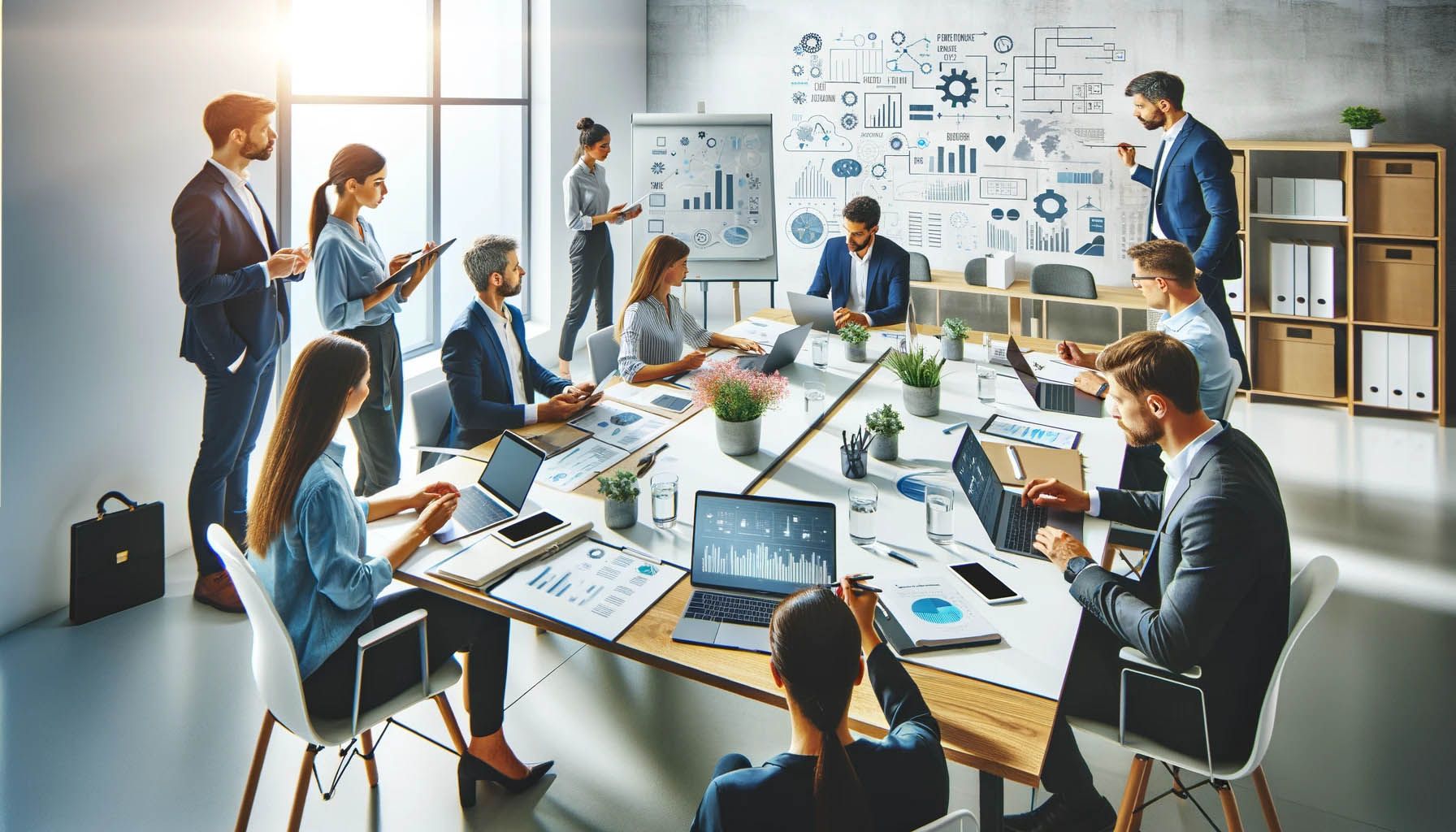 A team of professionals collaborating around a table of laptops and charts before a whiteboard of diagrams