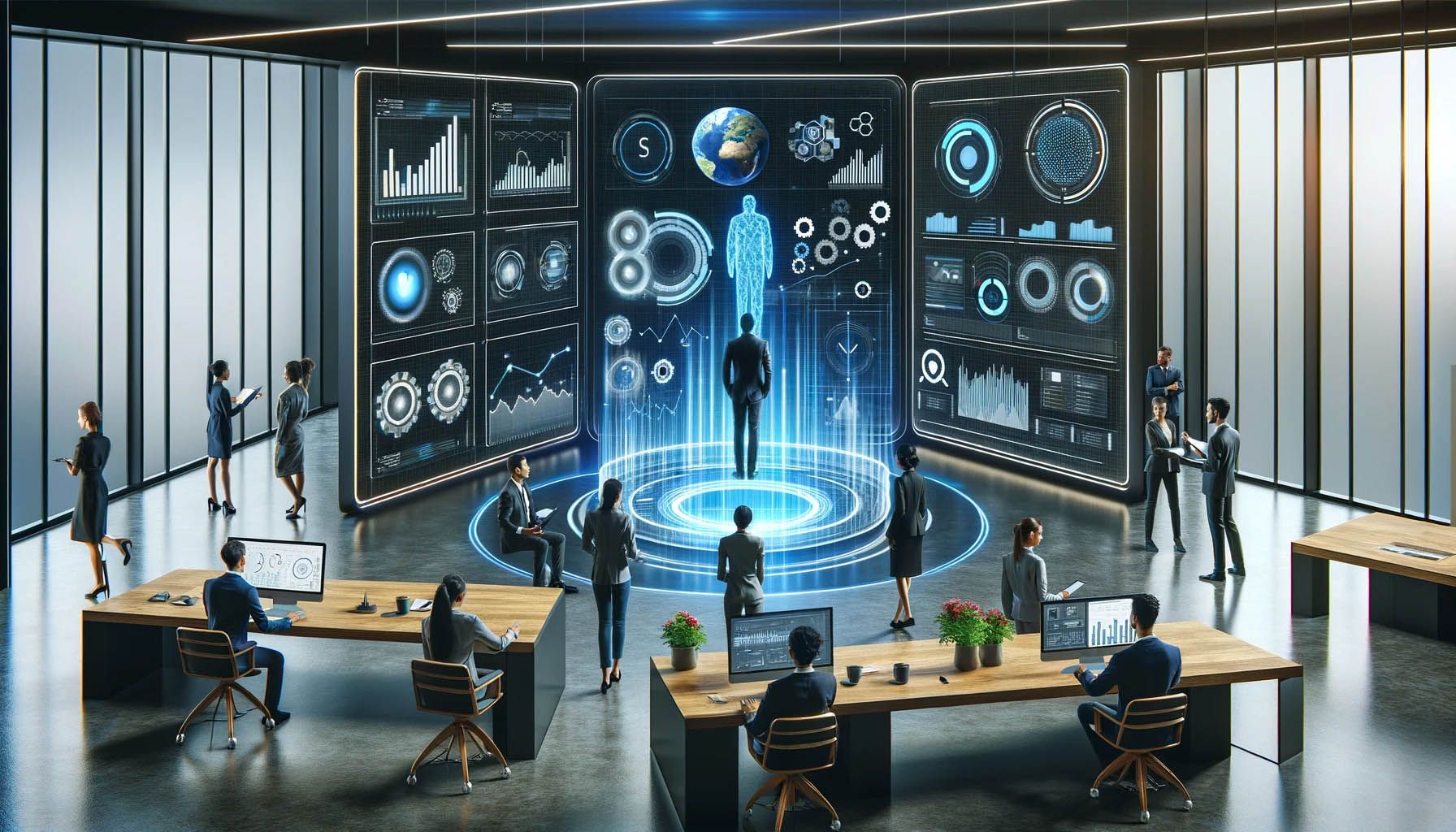 Professionals gathered around a holographic platform projecting a human figure and data in a futuristic office