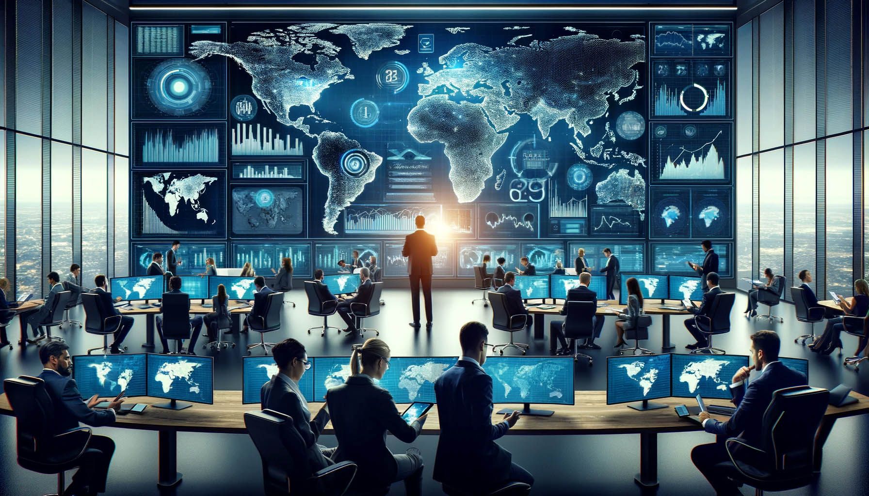 Suited analysts at banks of monitors facing a large wall of world maps and data dashboards