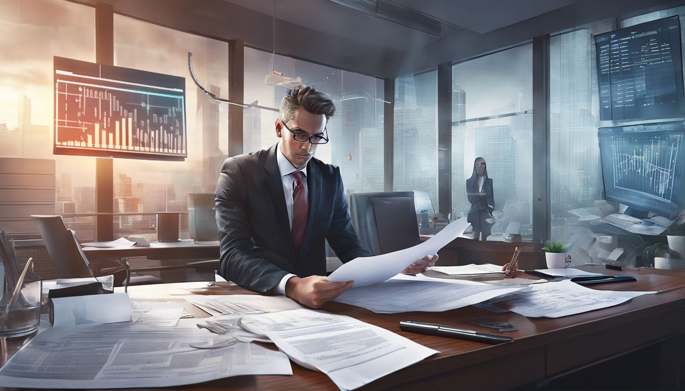A businessman studying a document at a paper-strewn desk while a woman watches from behind, city skyline behind