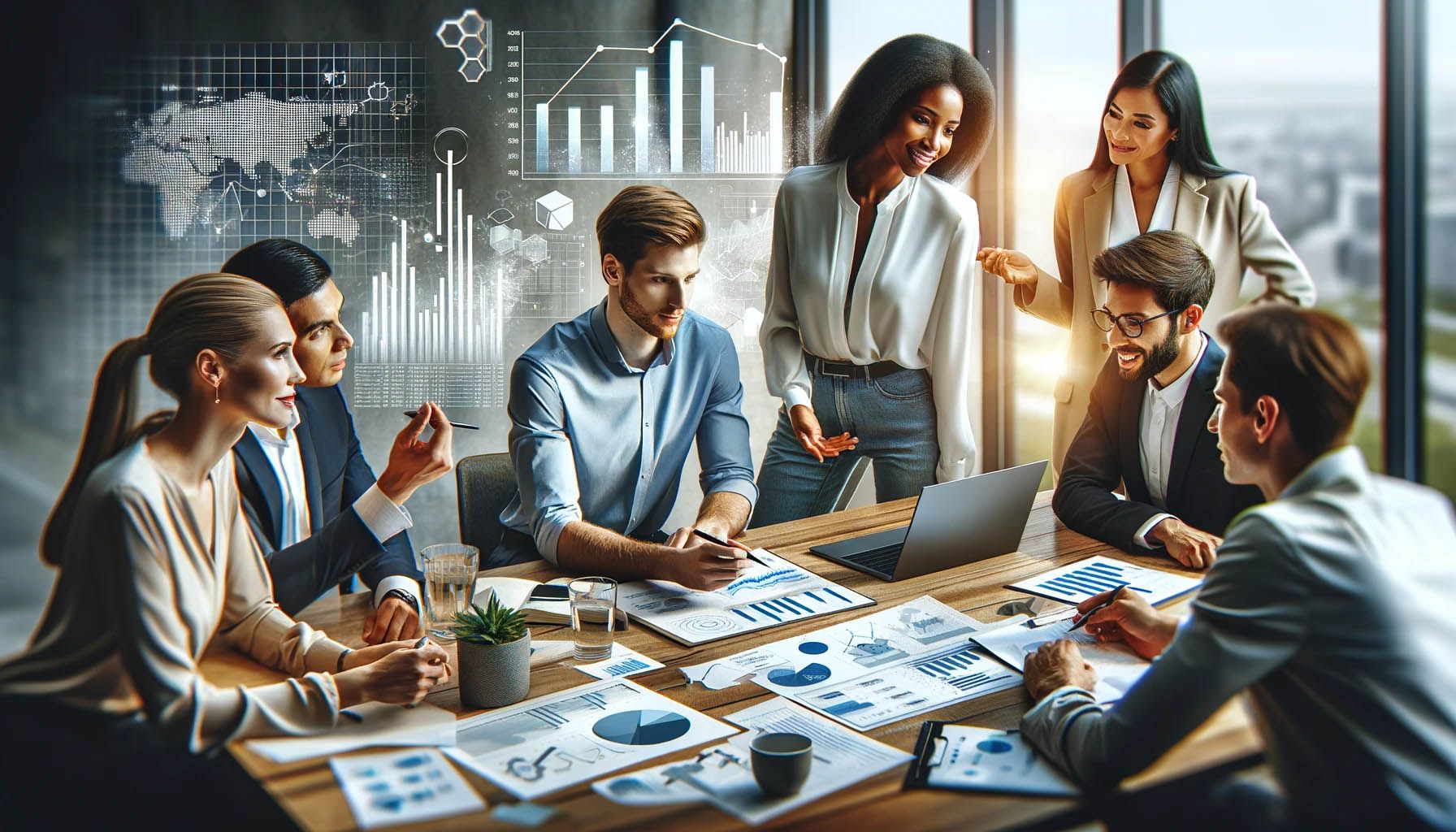 A diverse team collaborating over financial charts and a laptop, with a rising bar graph projected behind them