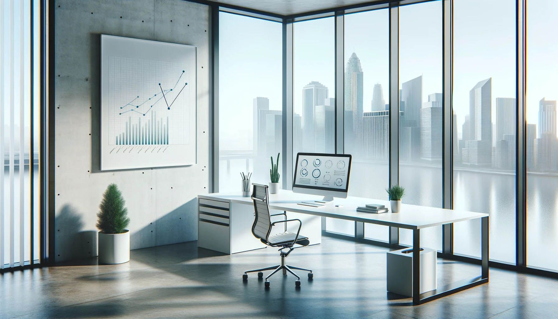 A clean, minimal corner office with a white desk, a growth chart on the wall and floor-to-ceiling city views
