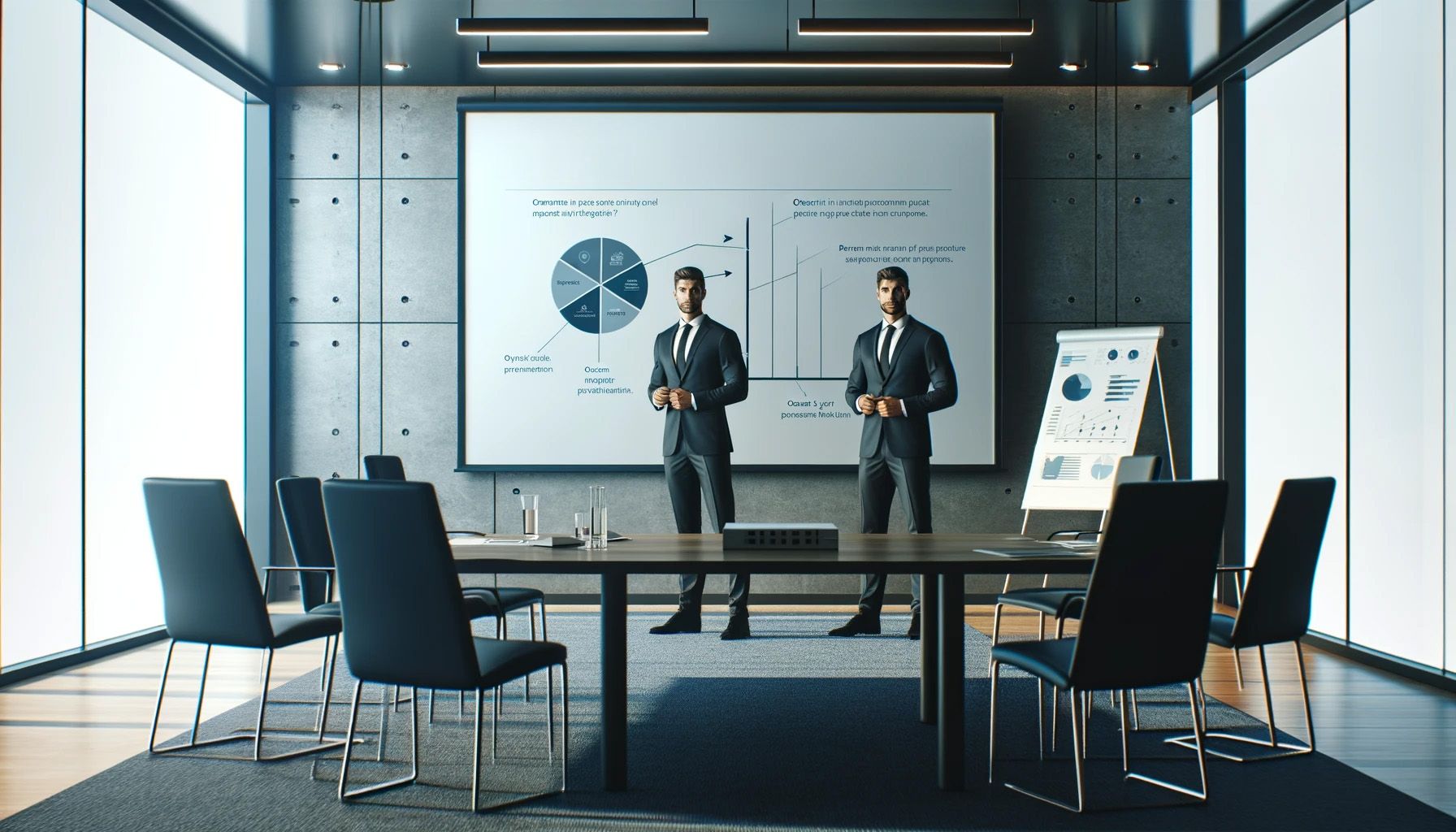 Two suited presenters standing before a pie chart and graph in a minimal boardroom