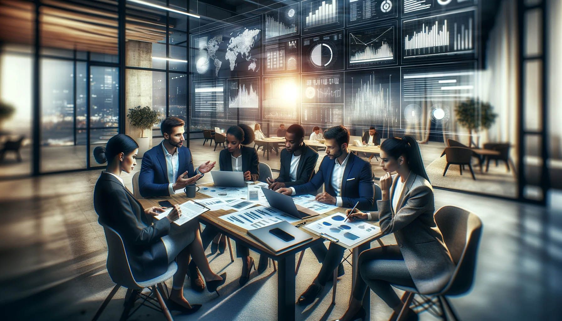 A team of professionals reviewing charts and laptops around a boardroom table with data screens behind
