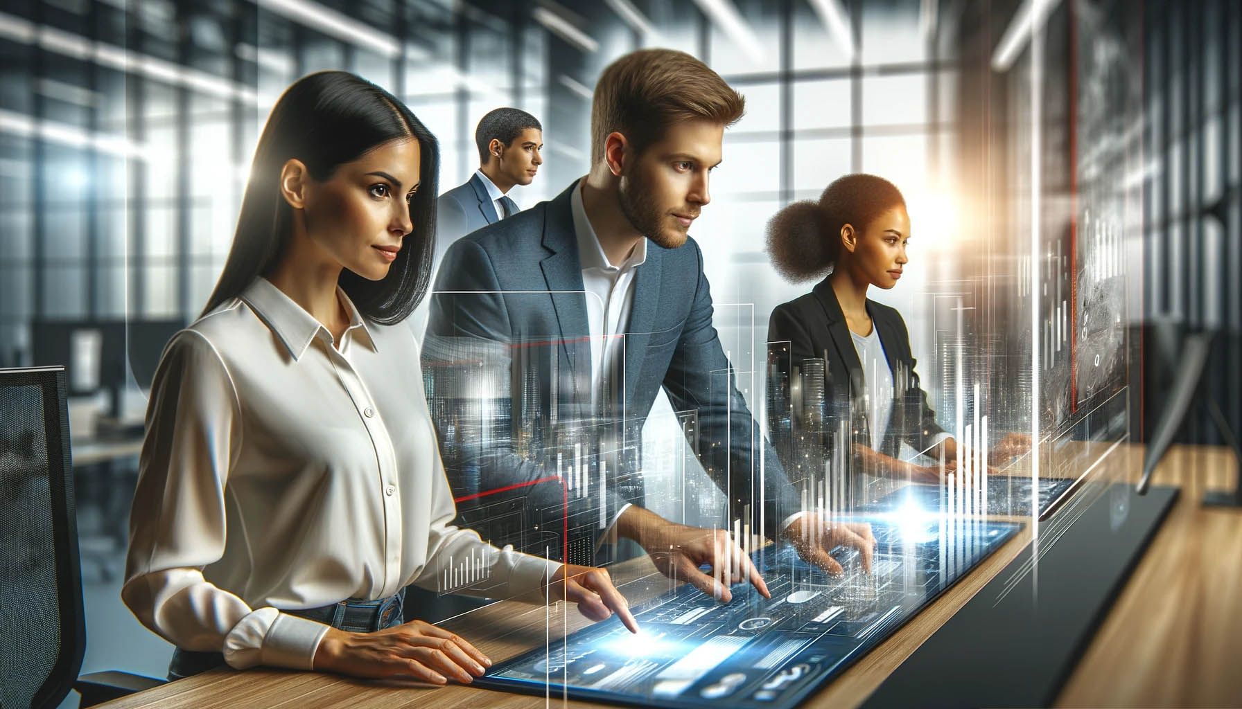 Three professionals interacting with glowing data on a touchscreen table over a translucent city skyline