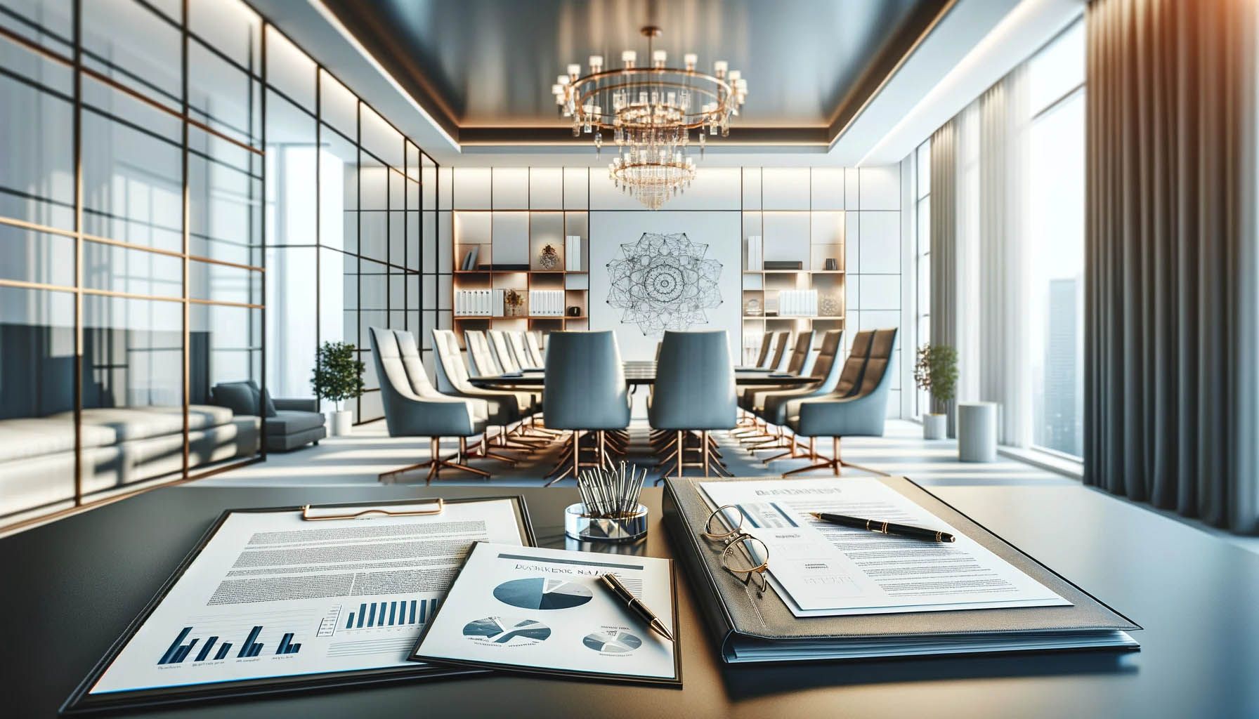 An elegant boardroom with a chandelier and long table, business reports and charts laid out on the foreground desk