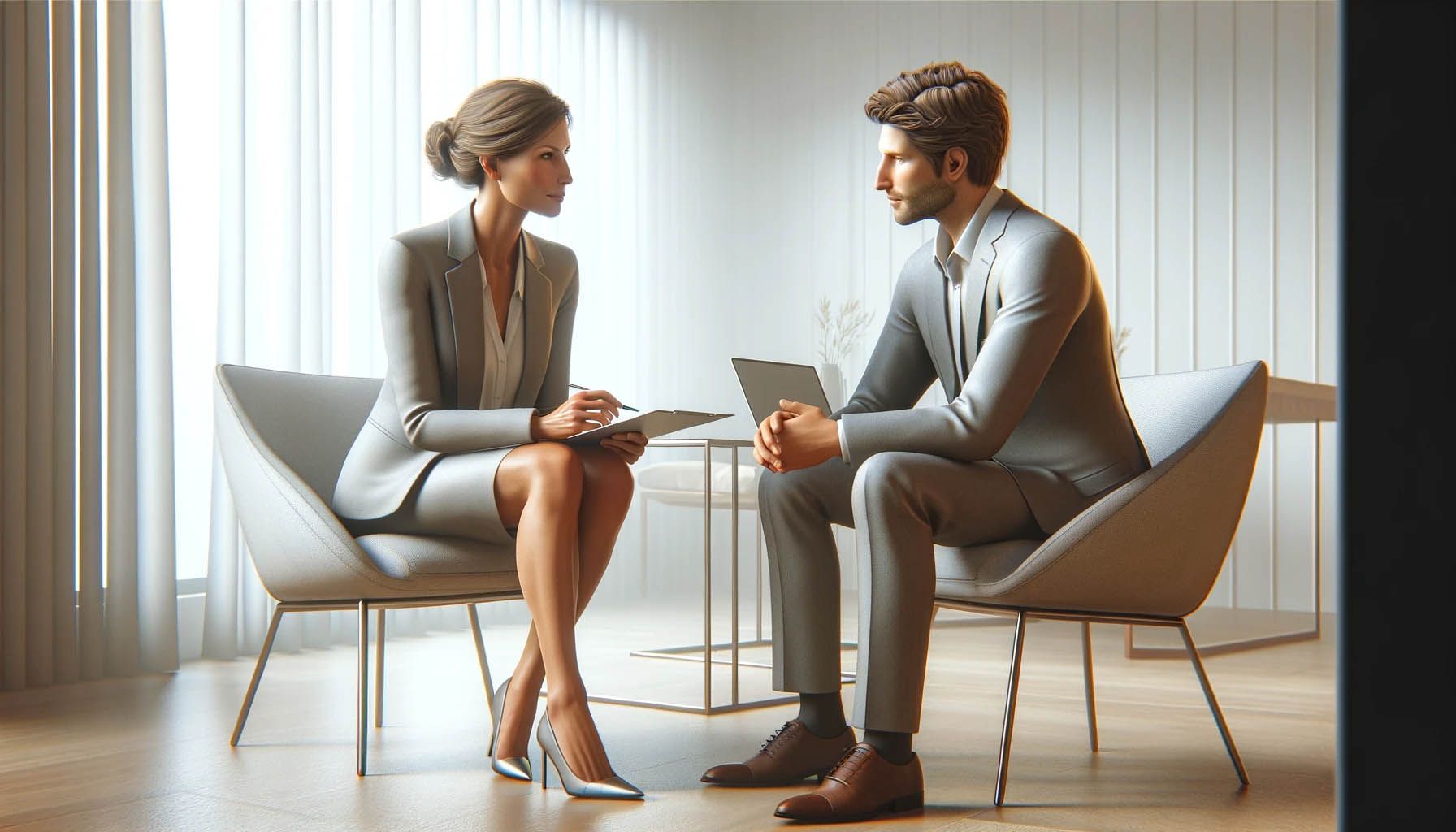 A coach with a clipboard and a client seated facing each other in a bright, minimal room