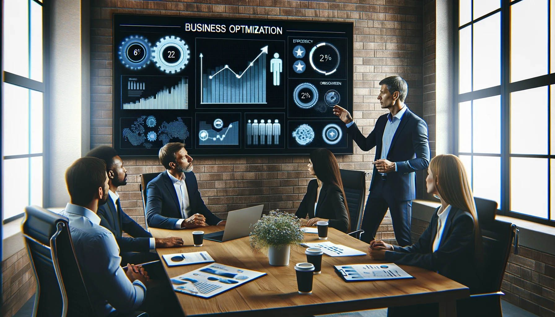 A presenter pointing to a Business Optimisation dashboard on a screen while a seated team looks on