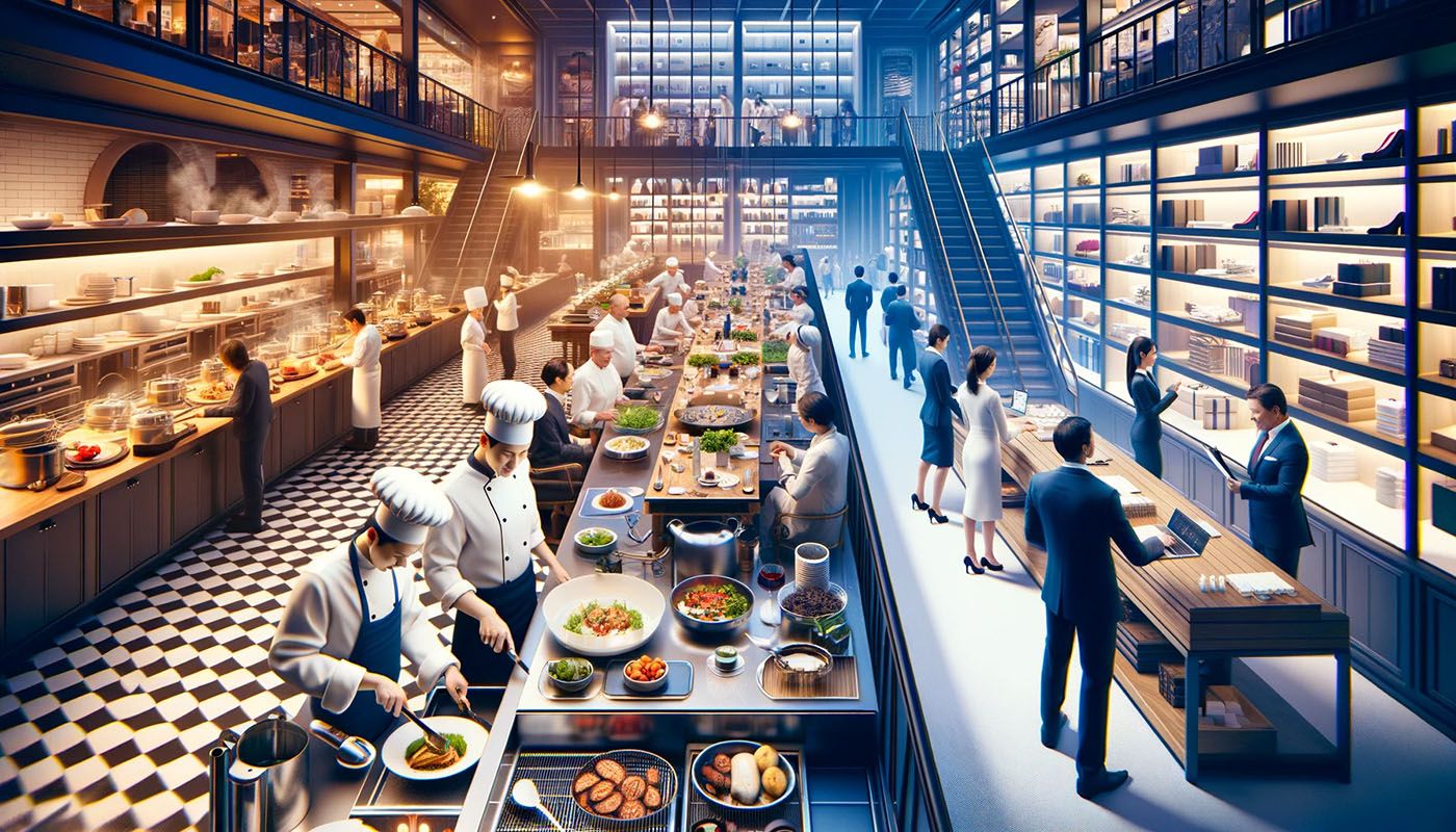 A grand two-storey space with chefs plating dishes on one side and suited shoppers browsing a boutique display on the other