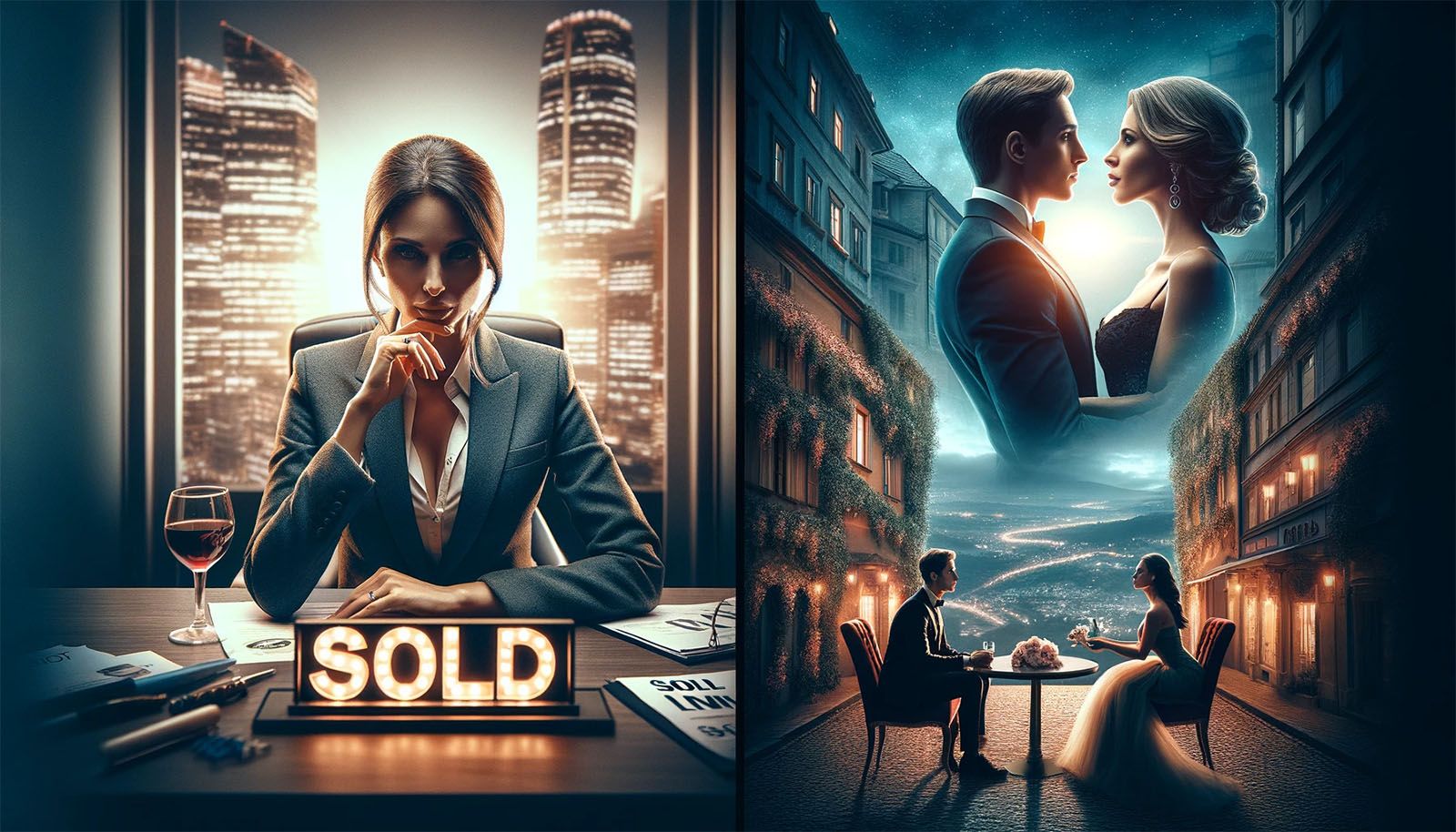 A split scene: a businesswoman behind an illuminated SOLD sign, and an elegant couple on a candlelit rooftop date