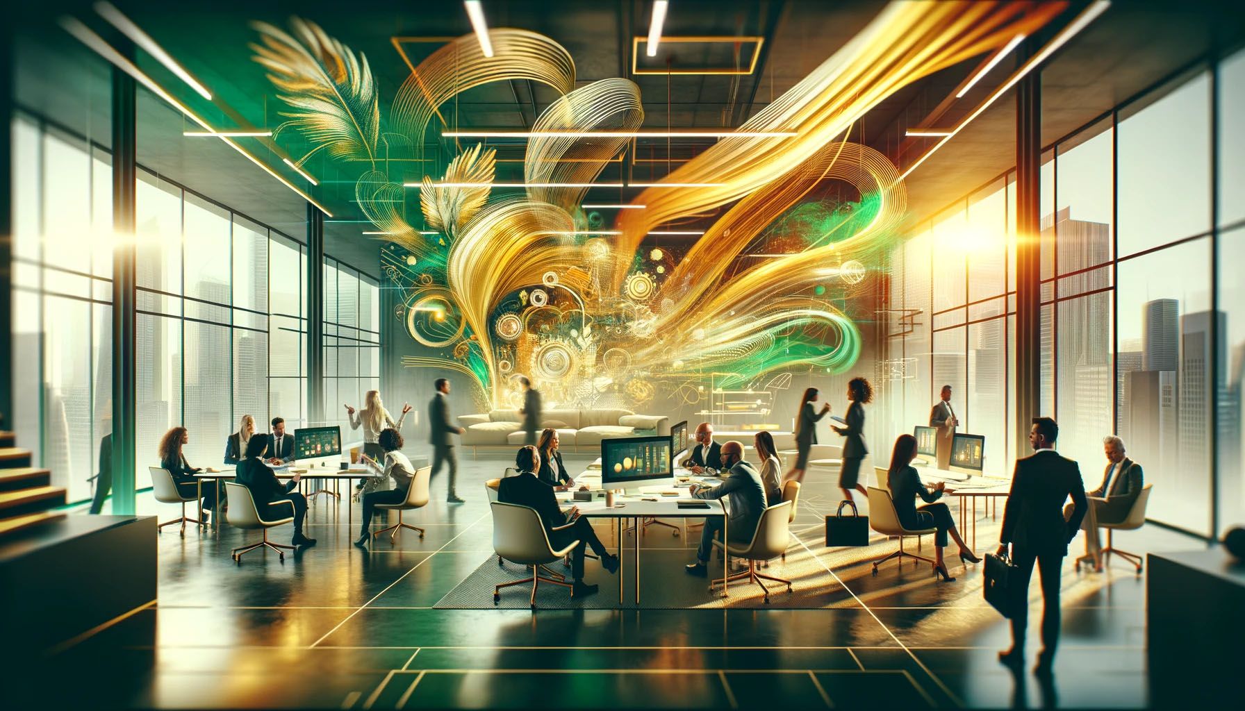 A modern office of working teams with a swirling gold and green energy burst rising at its centre