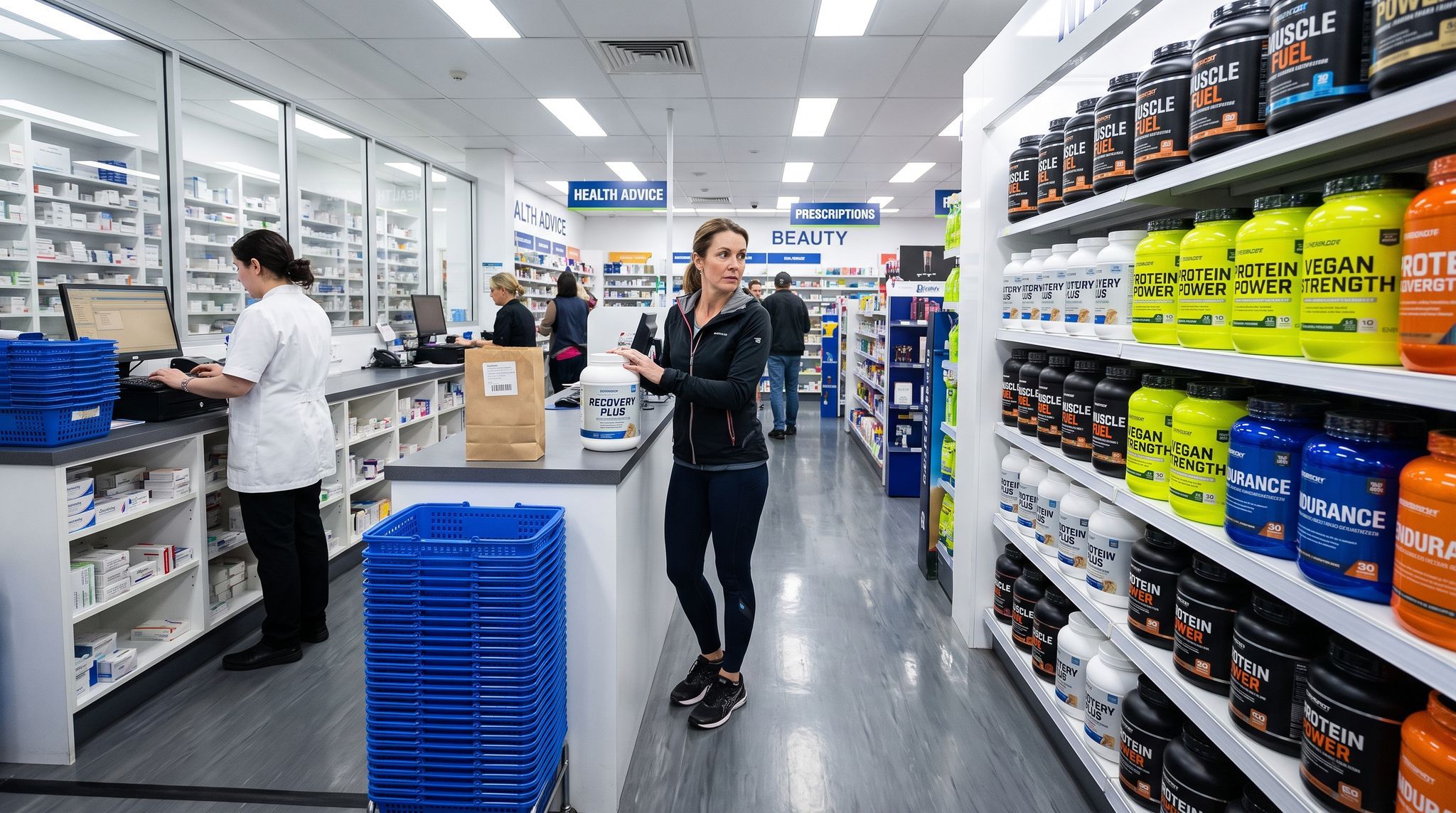 The length of a large Australian pharmacy in the middle of the day, the dispensary counter on the left and the retail floor running away to the right