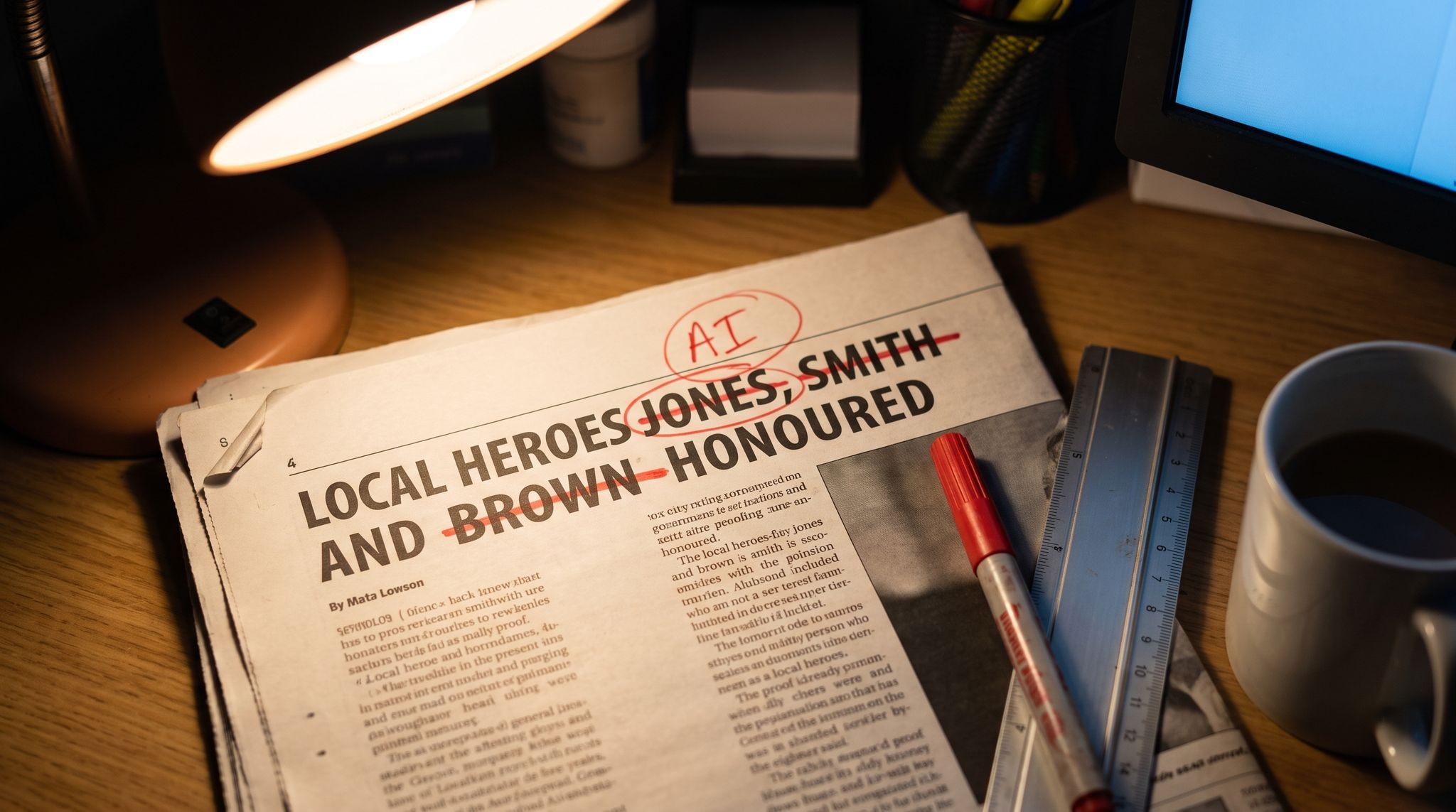 A printed page proof under a warm desk lamp, a headline being marked up by hand with three personal names struck through