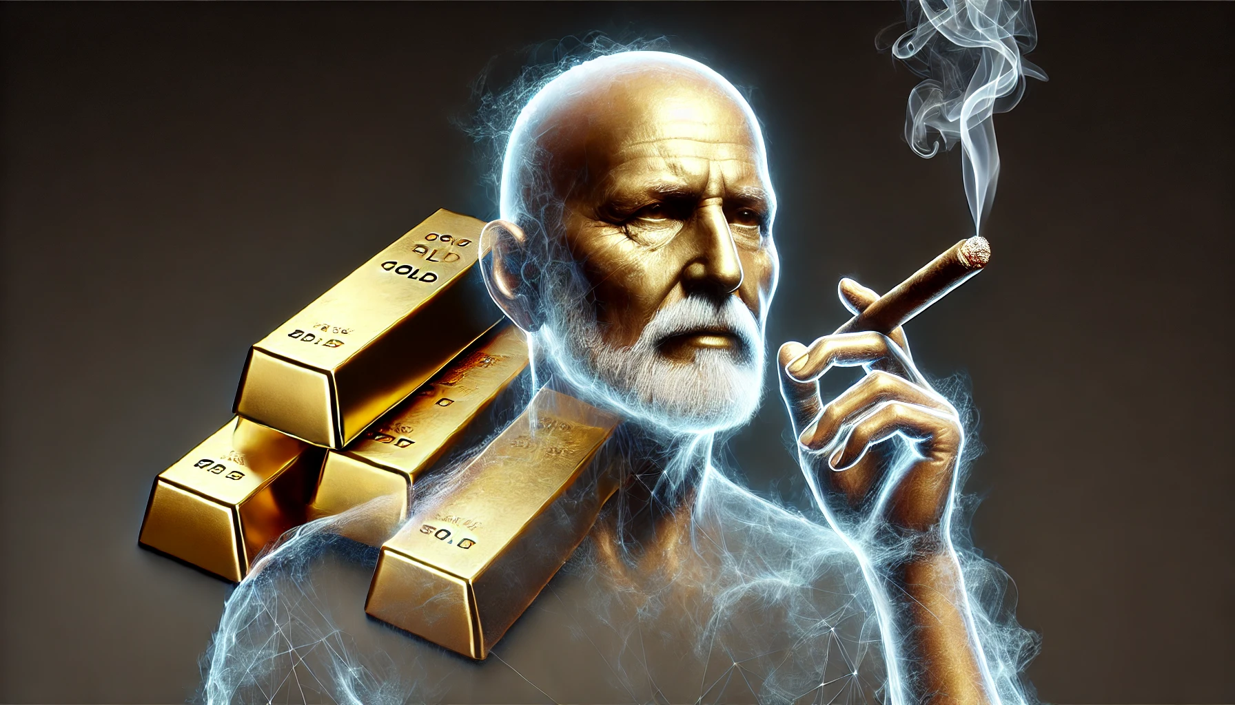 A translucent, ghostly older man smoking a cigar beside a stack of gold bars
