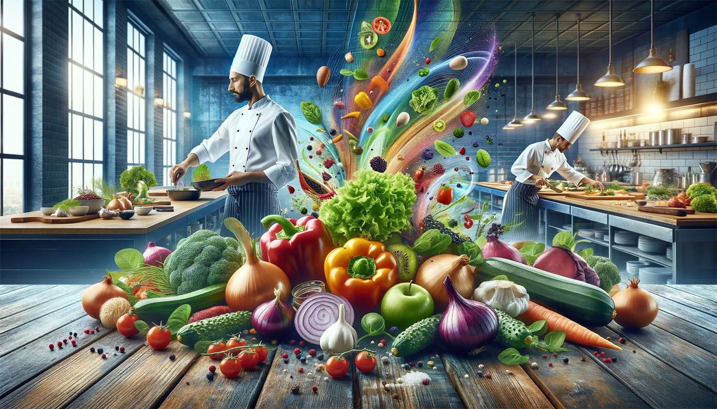 Two chefs at work behind a rustic table piled with fresh vegetables and herbs bursting into colour