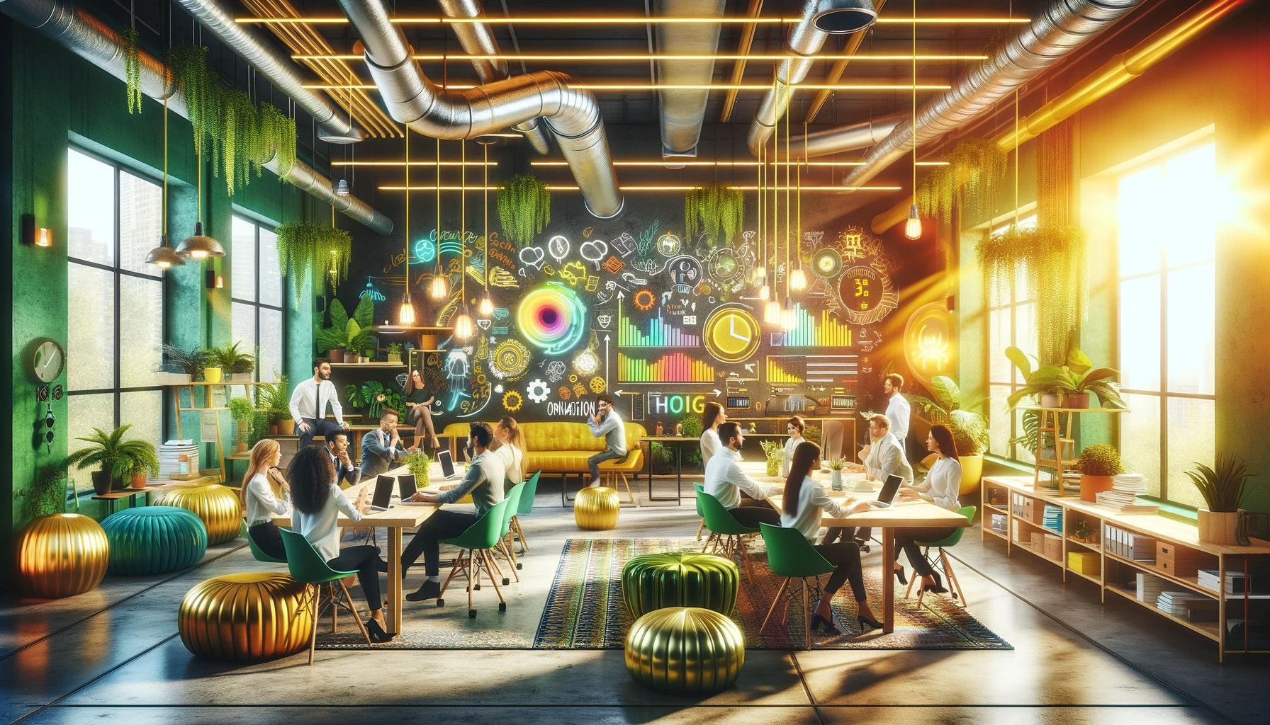 A lively loft coworking space with teams at laptops beneath a chalkboard wall of business icons and charts