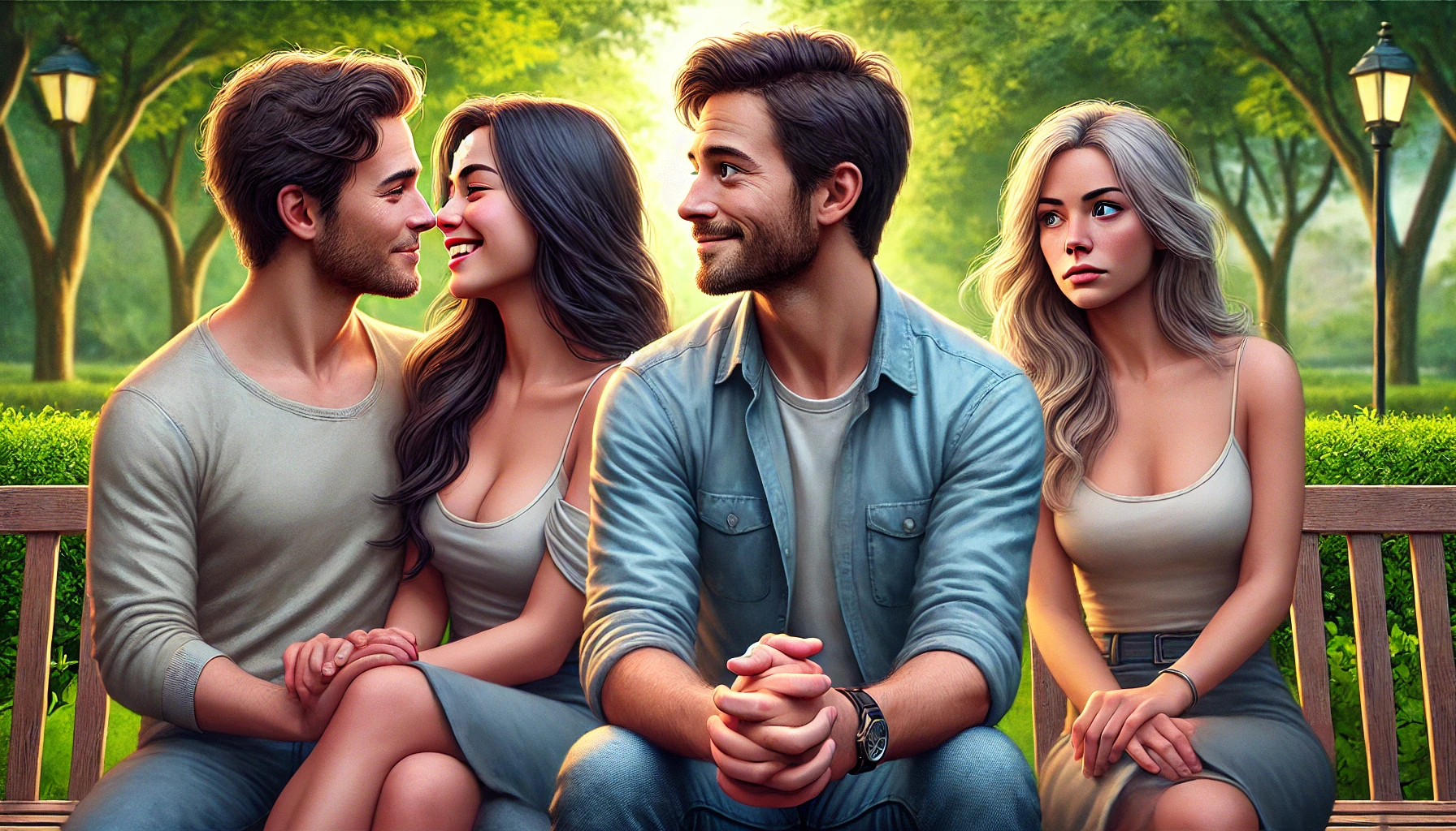 Two couples on a park bench, one pair nuzzling happily while the woman beside them looks unimpressed