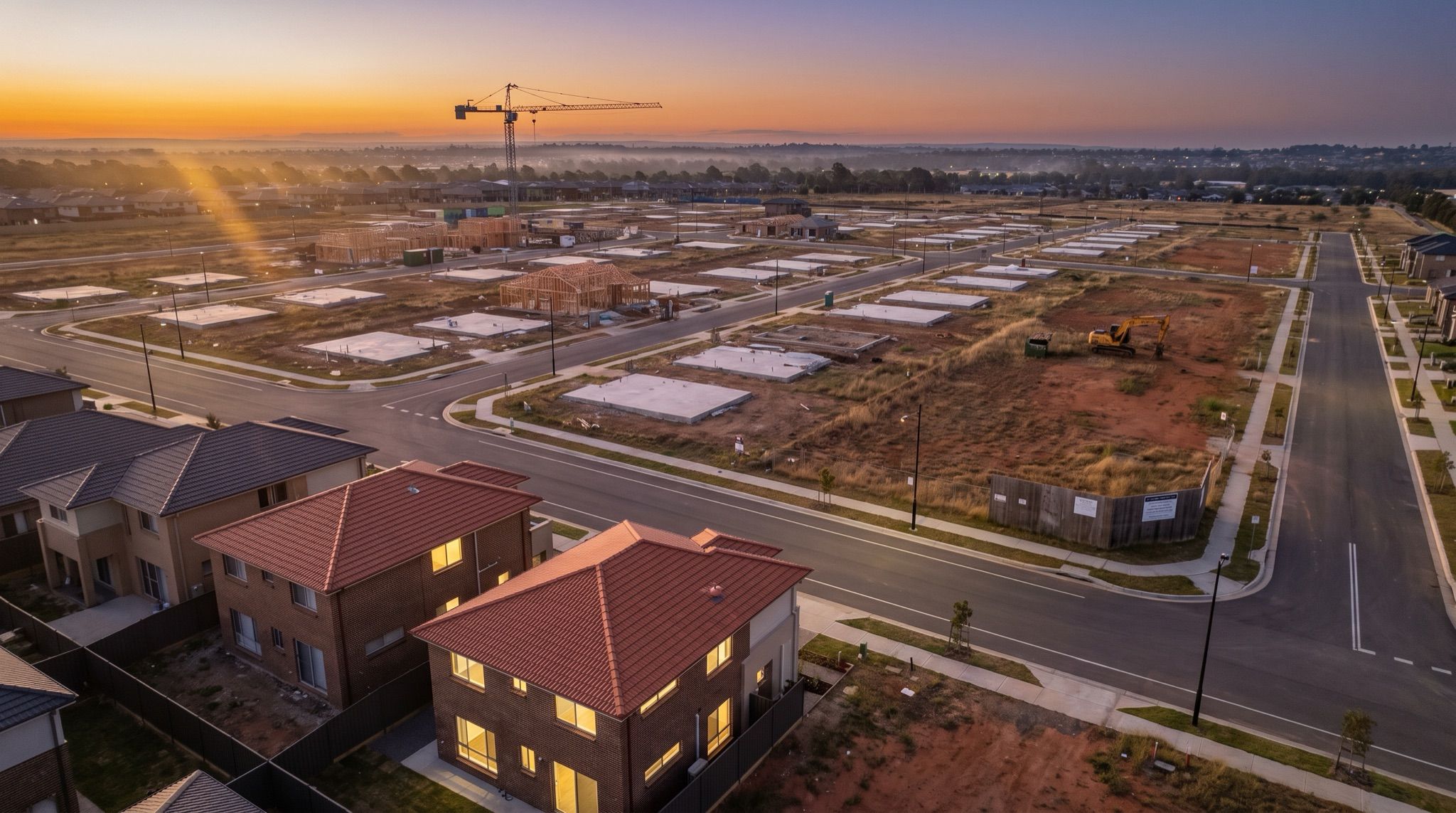 A half-built housing estate on Sydney's outer fringe at dusk, empty concrete slabs outnumbering finished houses
