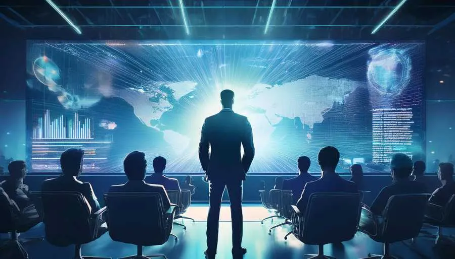 Leadership Gaps hinder progress - A visionary leader presenting a strategic roadmap in a high-tech conference room, symbolising transformational leadership.