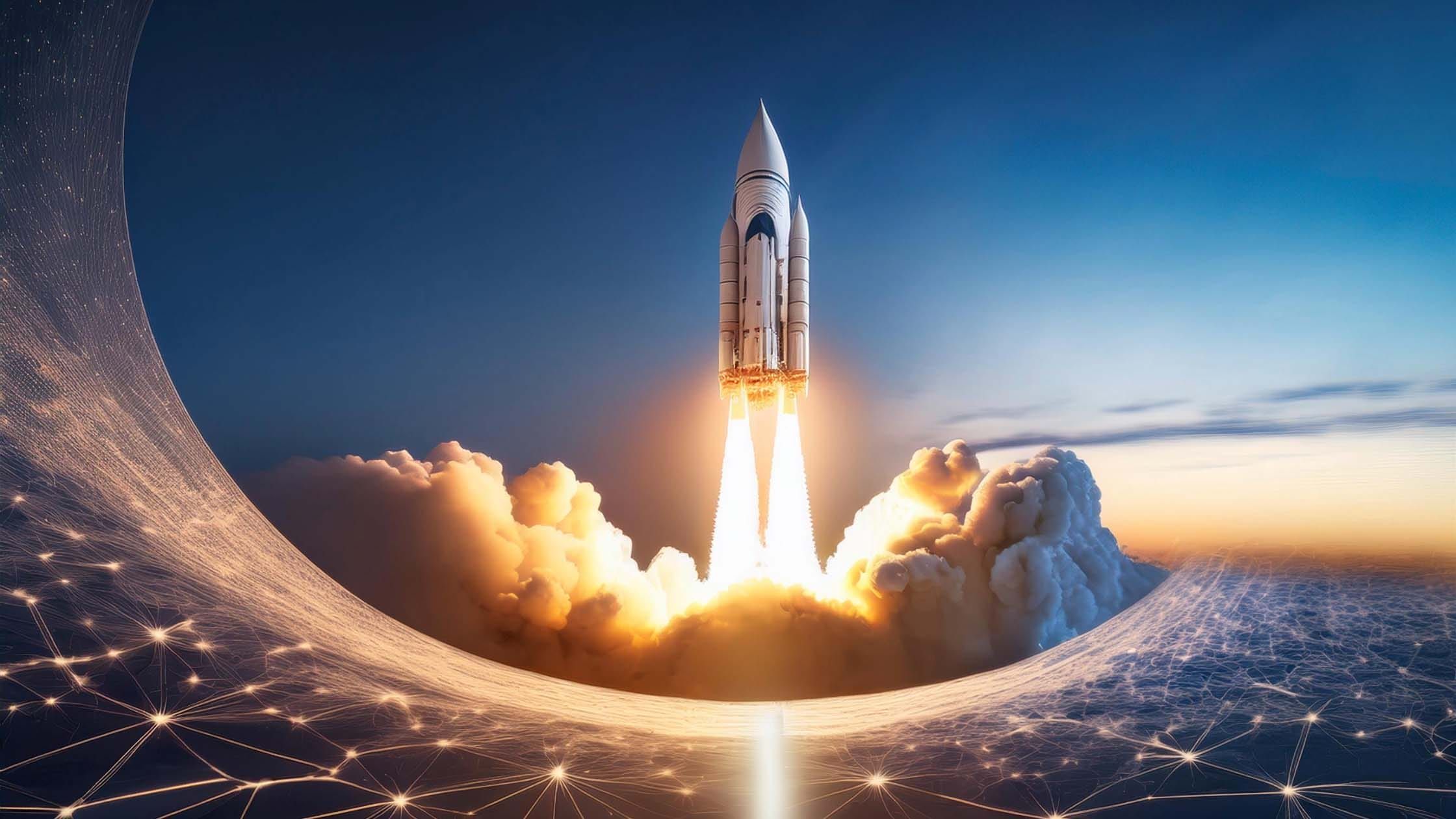 A rocket launching through clouds into a blue sky over a glowing network grid
