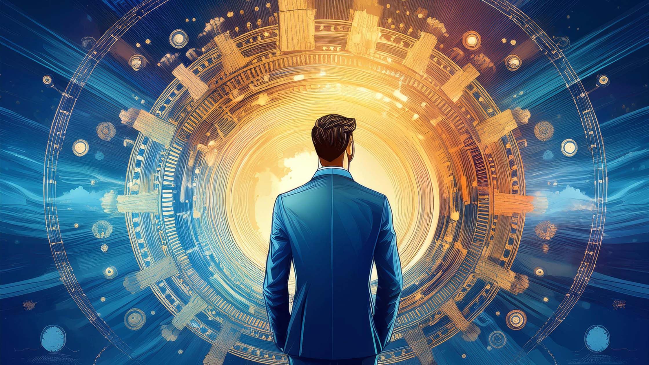 The Law of Rhythm depicted with glowing gears and a leader orchestrating the flow of success and alignment.