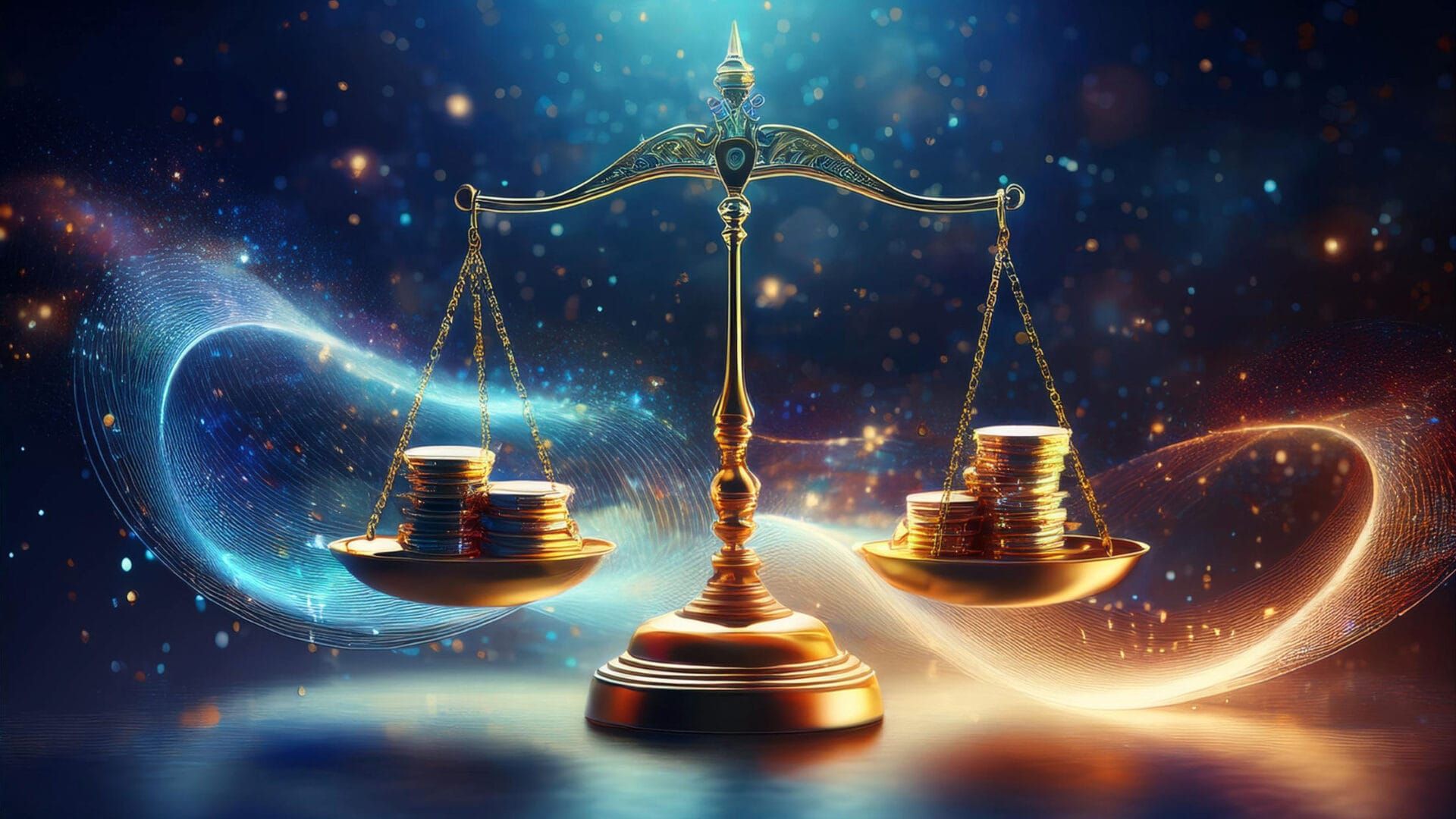 Golden balance scales weighing stacks of gold coins against a cosmic, star-filled background