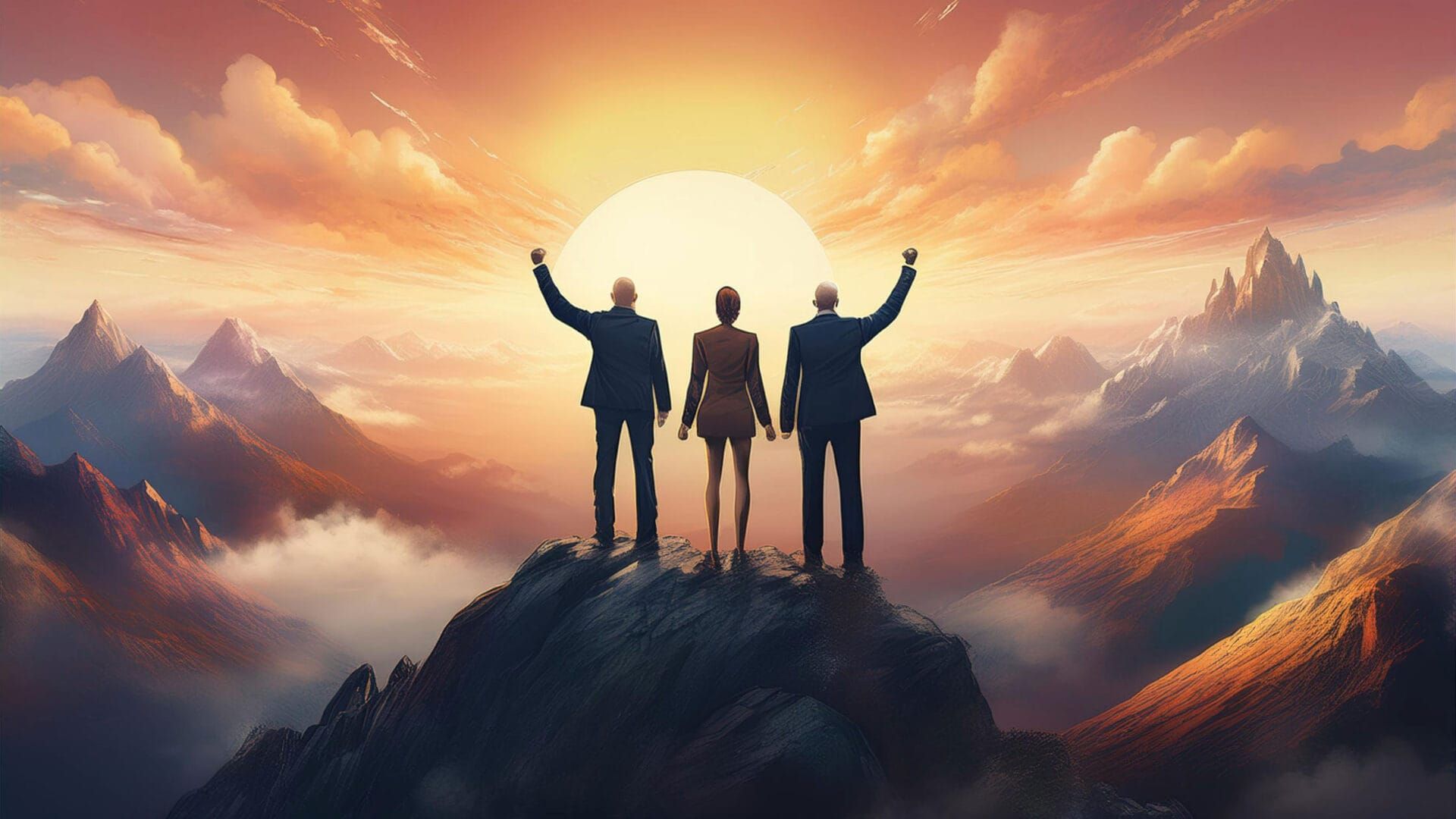 Inspired, intrinsically motivated leaders standing on a mountain peak at sunrise with arms raised triumphantly, symbolising leadership, seizing the day, and achieving success.