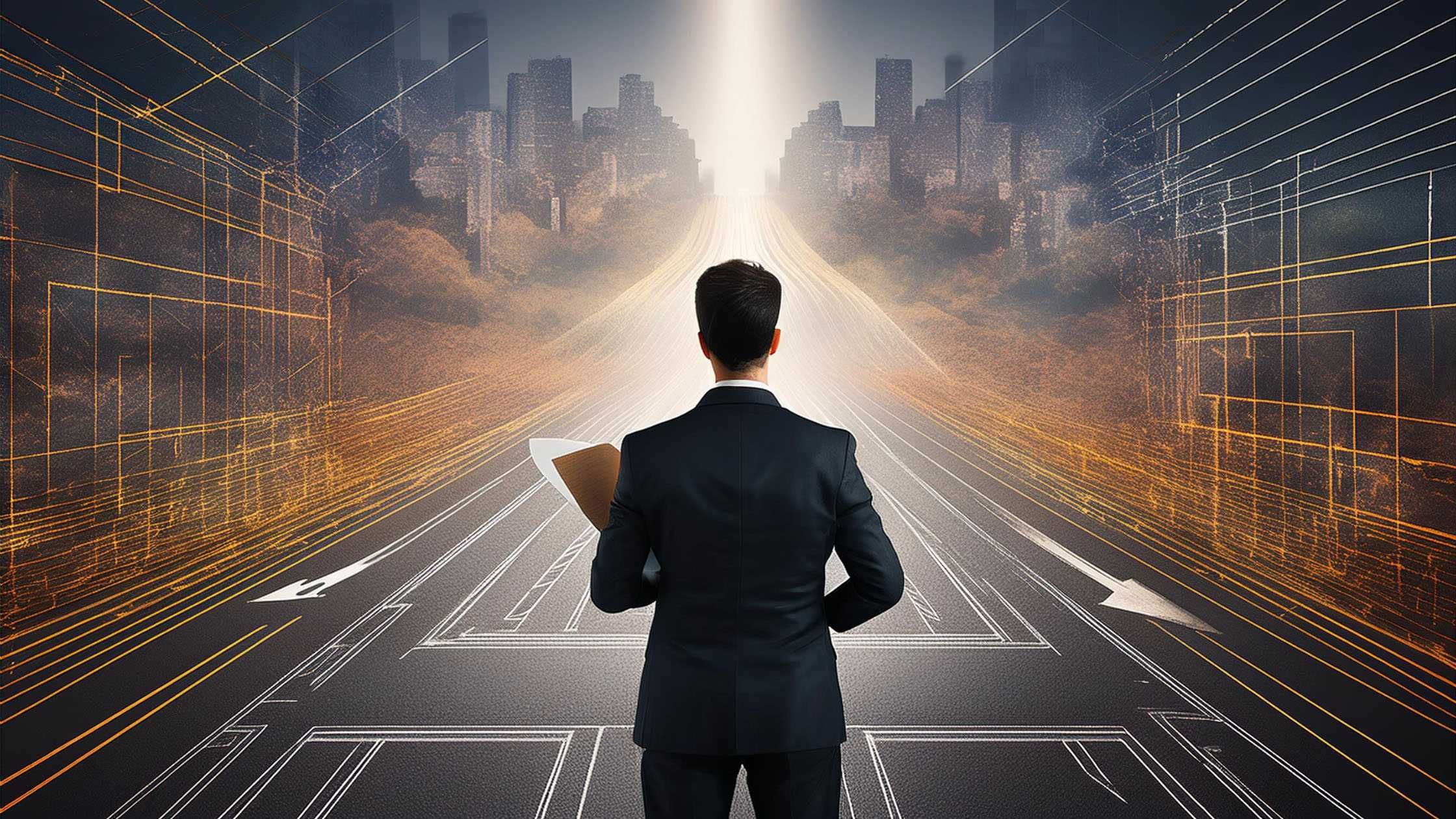 A business leader stands at a crossroads, analysing two contrasting paths labelled ‘Failure’ and ‘Success,’ symbolising the power of the inversion process in leadership decision-making.