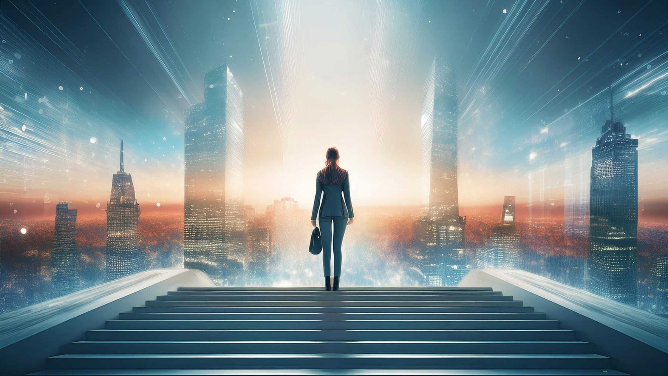 Leadership Gaps impact business success - A strong leader standing on an elevated platform, overlooking a modern city, symbolising vision and strategic growth.