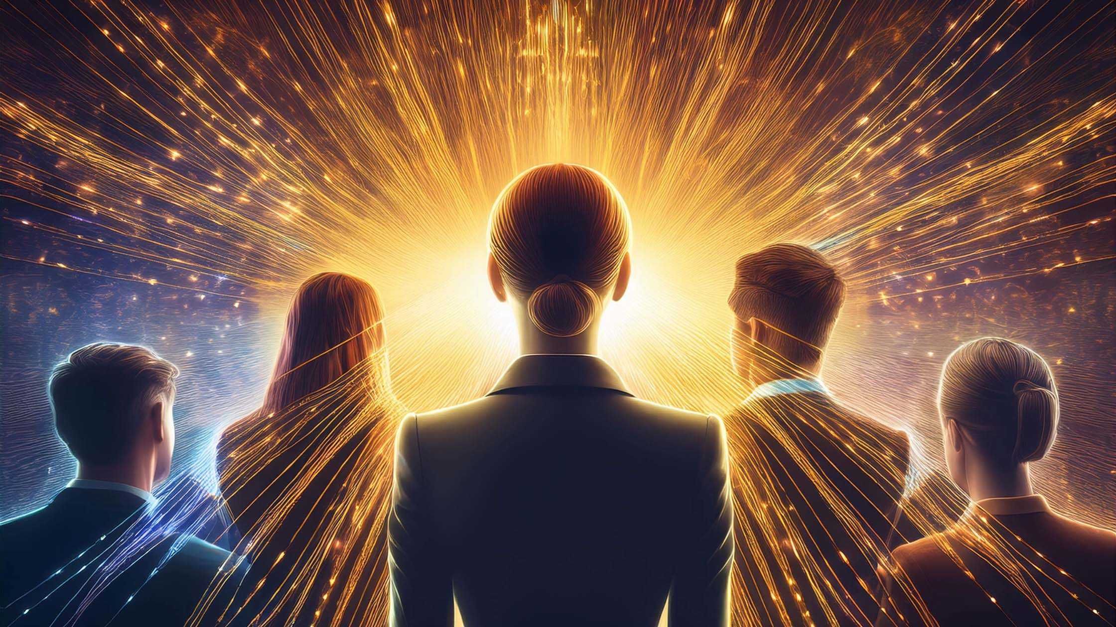 Law of Vibration visualised through radiant energy waves and a professional team in alignment.
