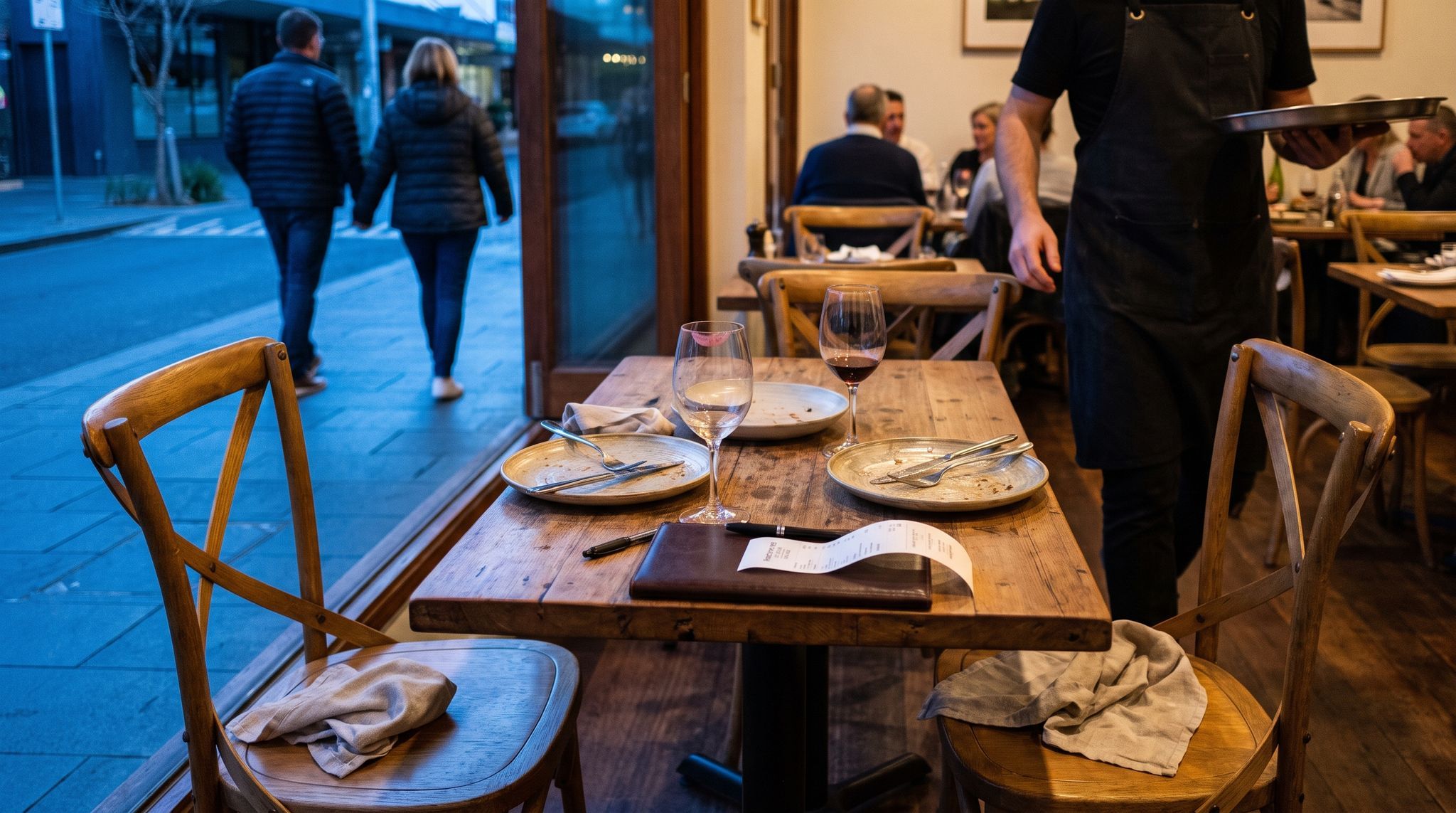 A restaurant table in the minute after a couple has left: chairs pushed back, napkins dropped on the seats, plates wiped clean and a paid bill wallet with the receipt curling out