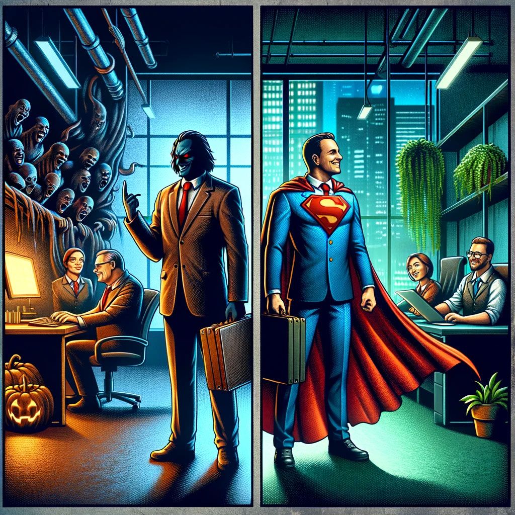 A two-panel illustration contrasting a sinister figure over uneasy workers with a caped hero in a bright, happy office
