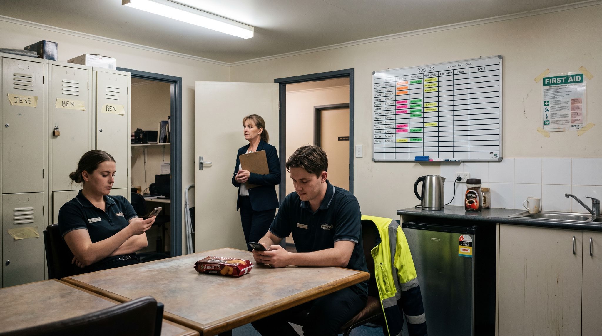 A manager standing in a staff room doorway with a clipboard, watching two young employees sit on their phones beneath the roster board