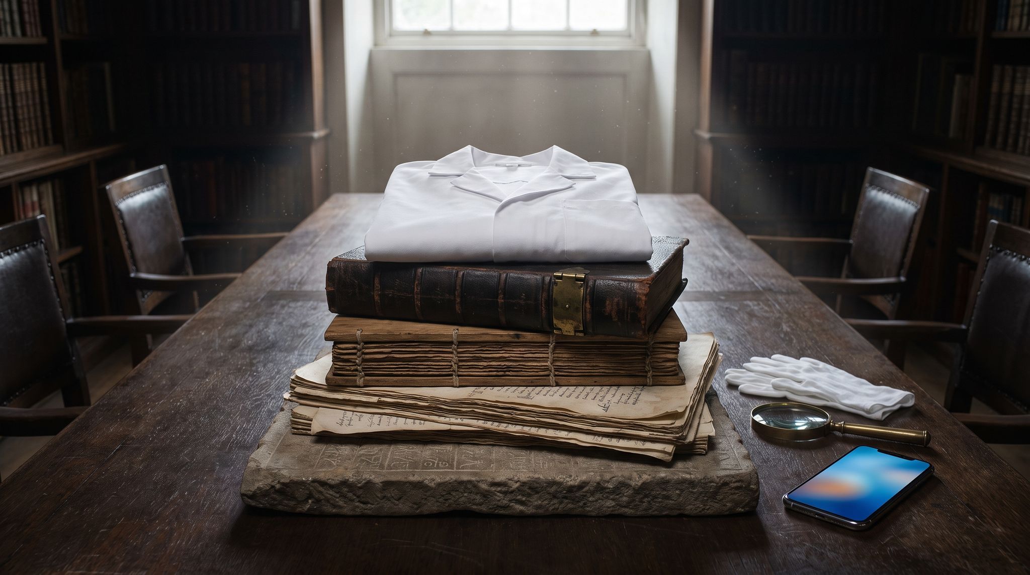 A crisply folded white laboratory coat lying squarely on top of a stack of far older texts, on a dark timber table in soft raking daylight