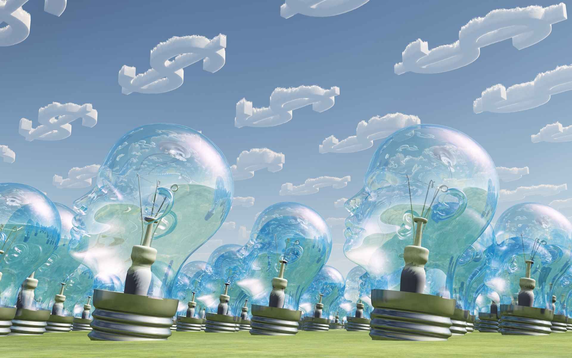 Rows of transparent light-bulb heads on a green field under a sky of dollar-sign clouds