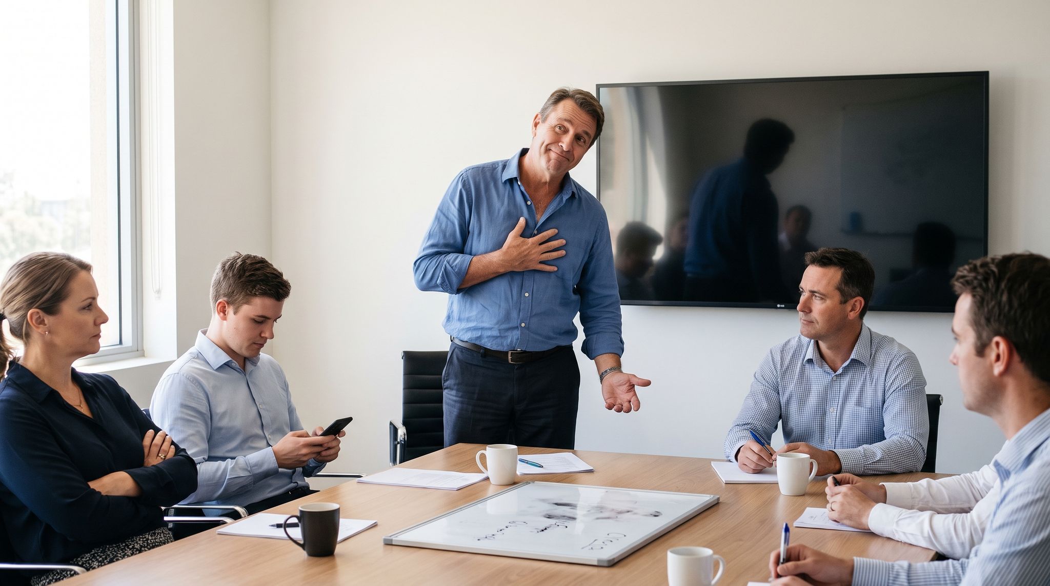 A man in his fifties at the head of his own meeting table, weight rocked back on his heels in a posture of visible self-deprecation