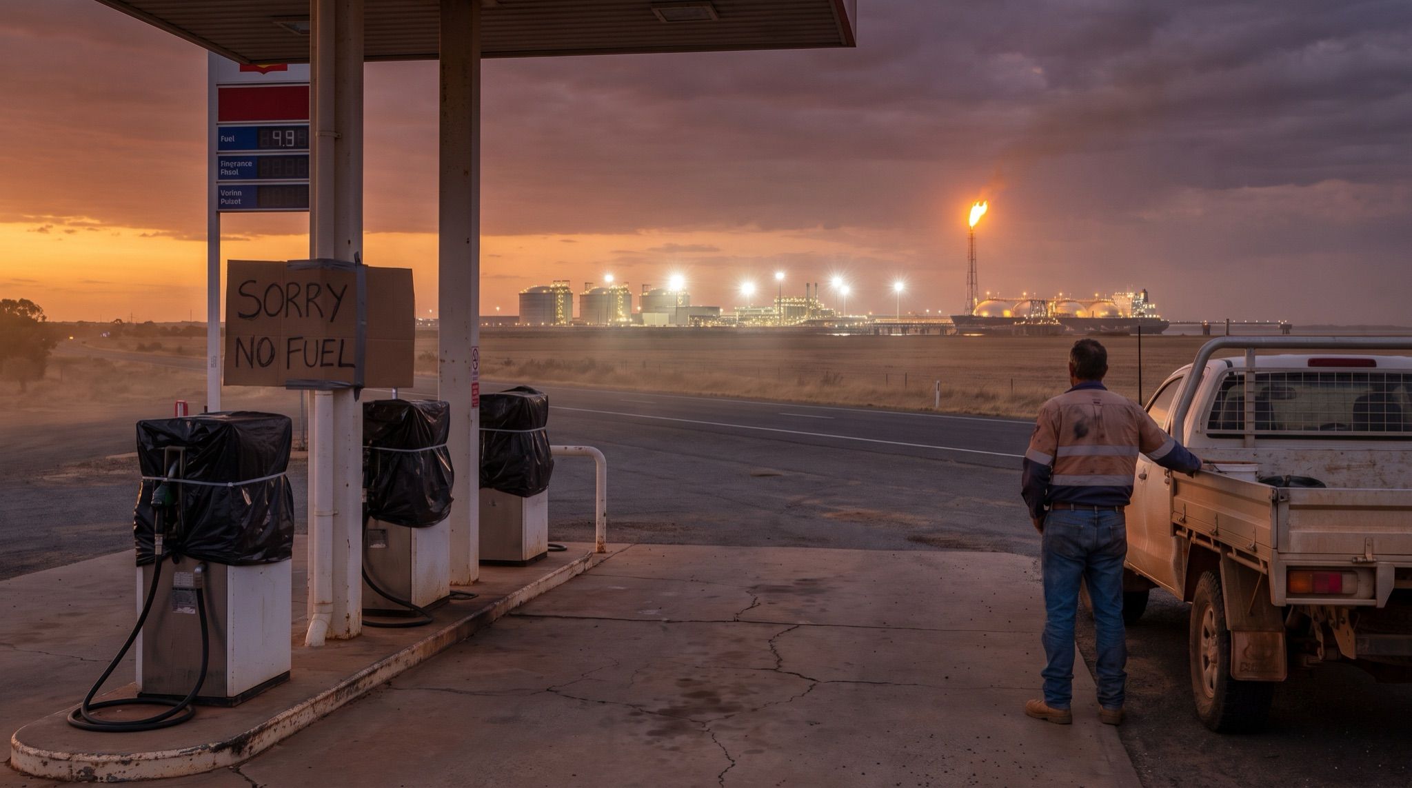 A small rural Australian service station at last light, every fuel bowser on the cracked forecourt hooded in black plastic and cable-tied shut