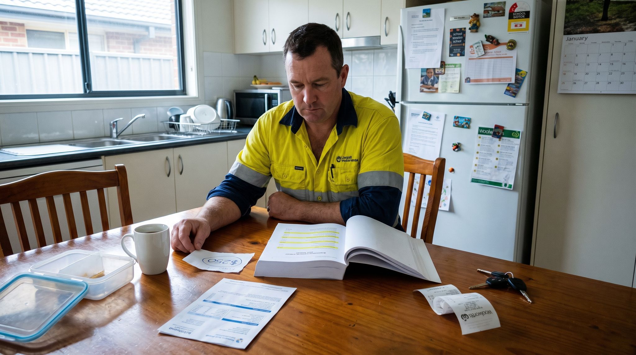 A government budget paper lying open on a suburban kitchen table early on a weekday morning, dense line items in cool grey light