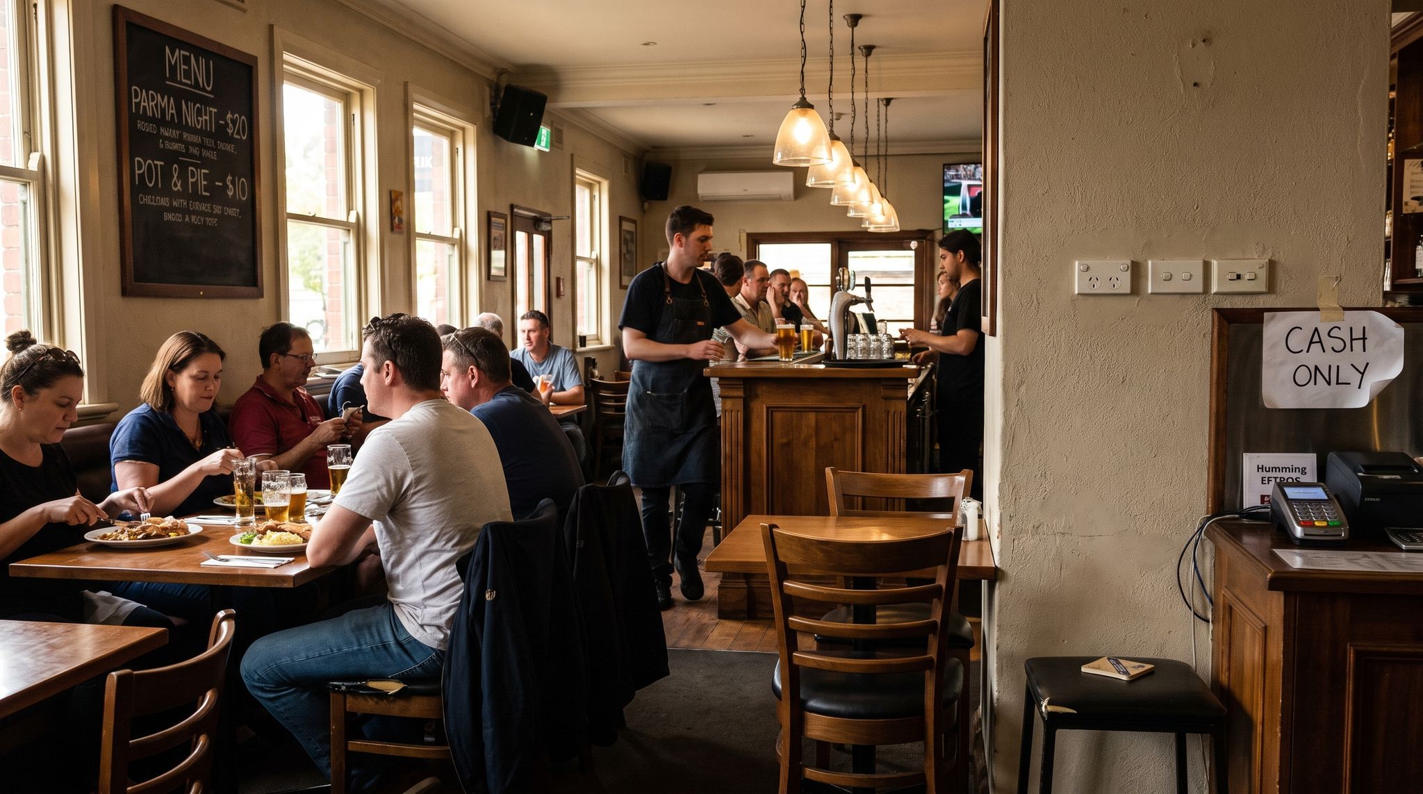 A comfortably busy venue carrying small tolerated faults that nobody registers any more