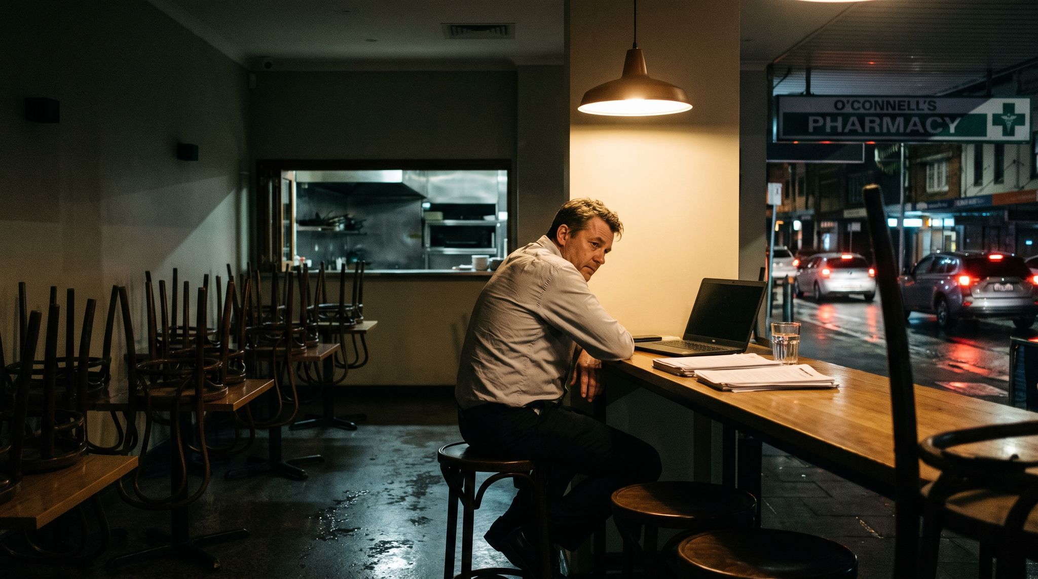 A closed restaurant late at night, chairs stacked on every table and the floor still wet, one warm pendant burning over the bar and a man in a rumpled shirt sitting alone on a stool