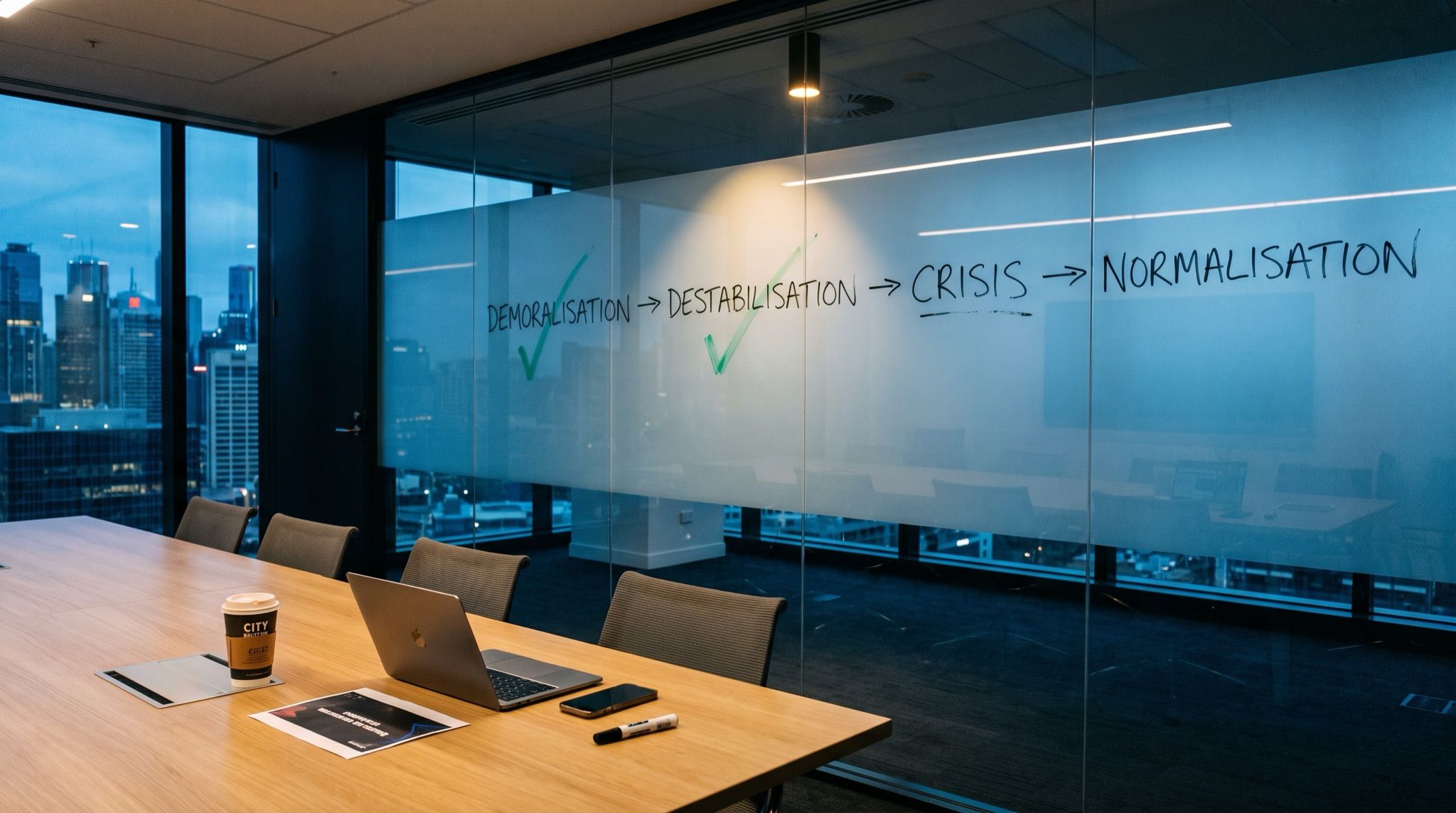 An empty corporate meeting room at dusk, a four-stage sequence written across its floor-to-ceiling glass wall in thick black marker
