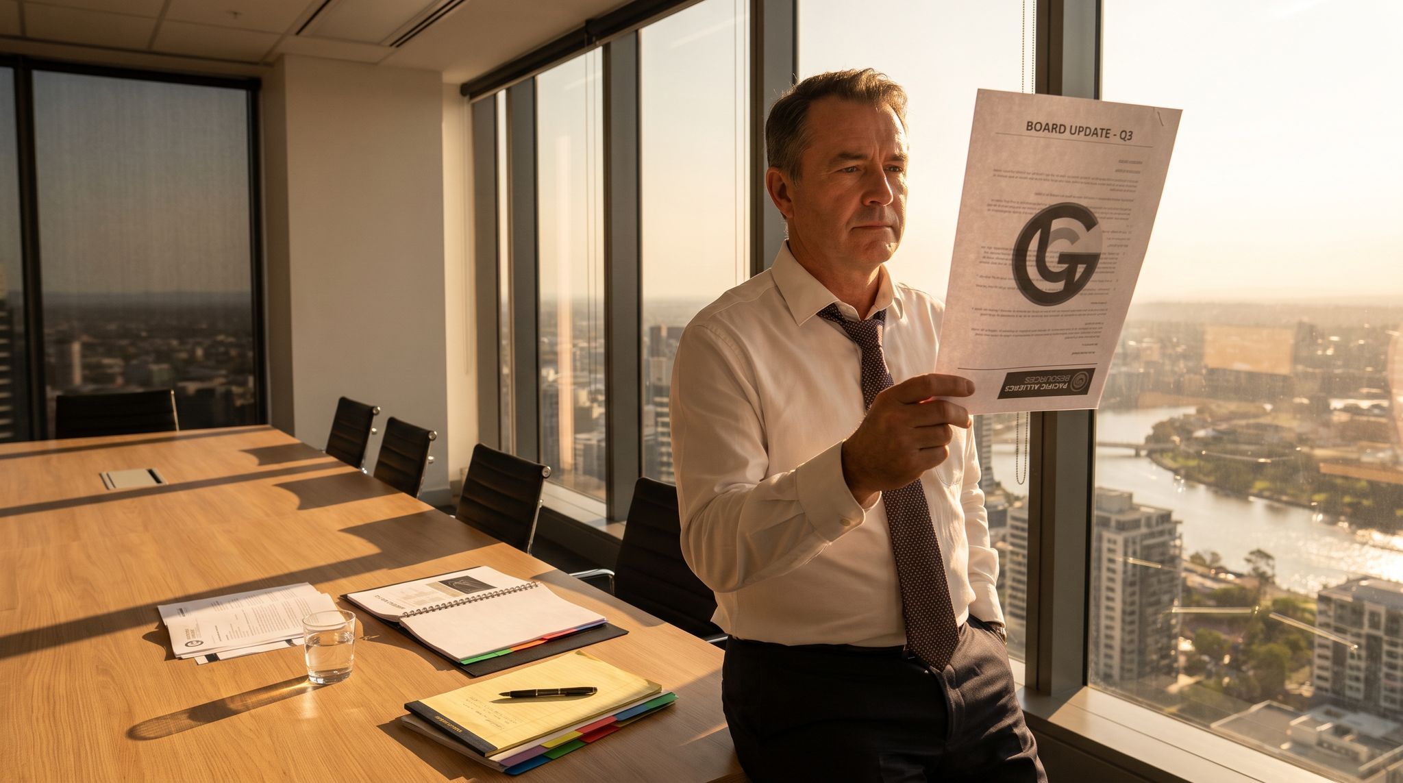 A man in his fifties in shirtsleeves standing at the window of an empty boardroom late on a Friday, holding a single sheet in the low western sun