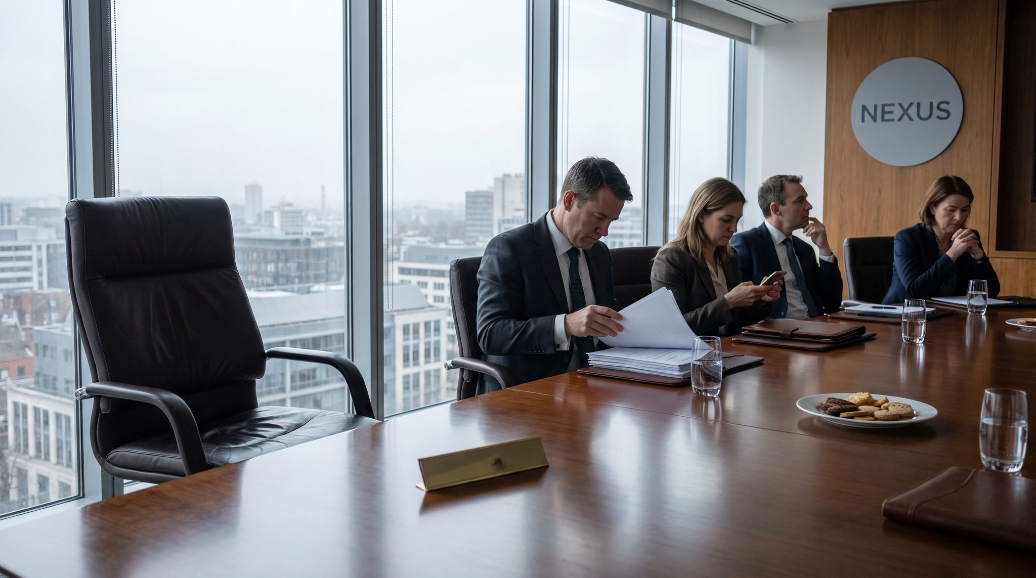 A corporate boardroom minutes after the meeting broke up, the chair at the head of the polished table pushed back and left turned at an angle, empty