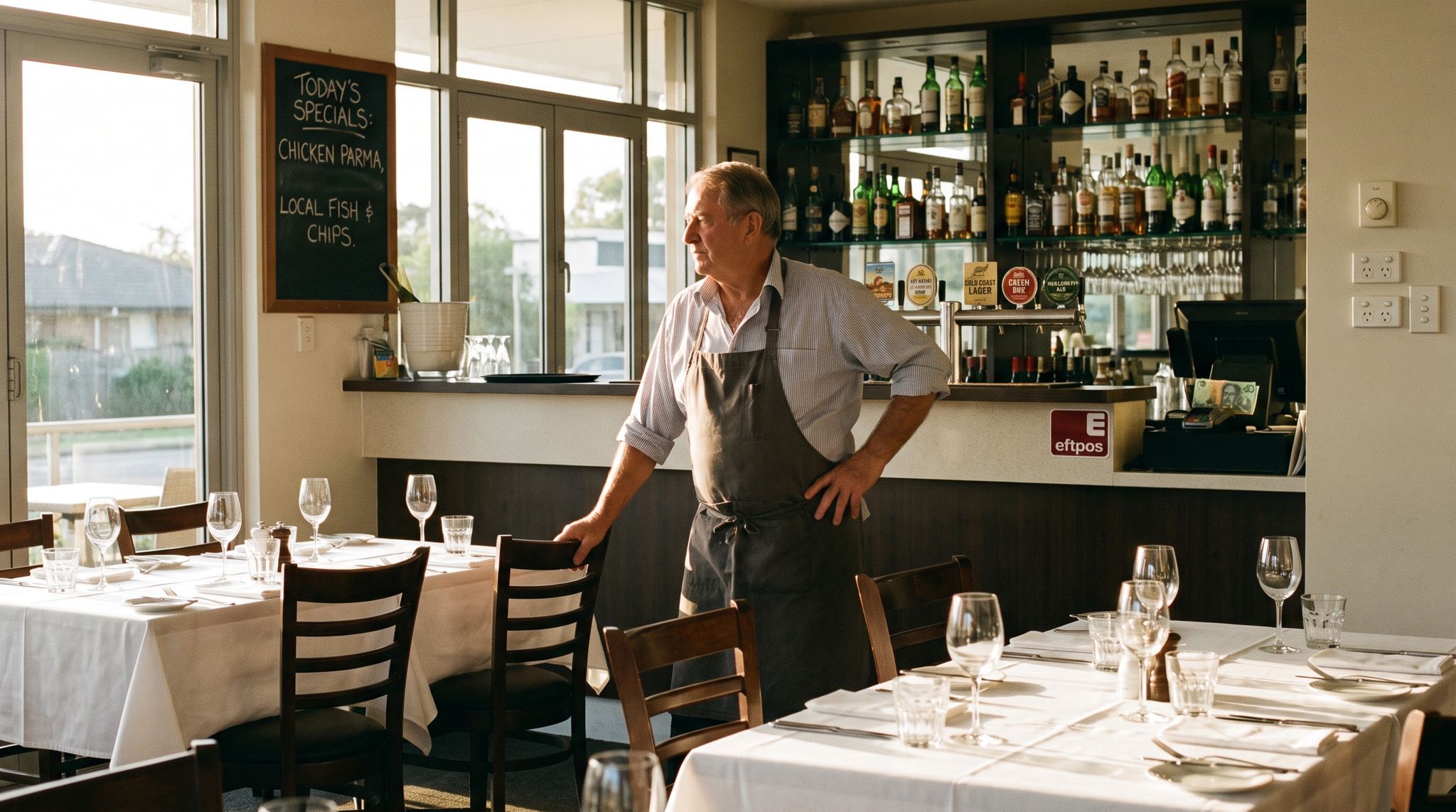 An operator alone in their restaurant an hour before service, the room set and completely still