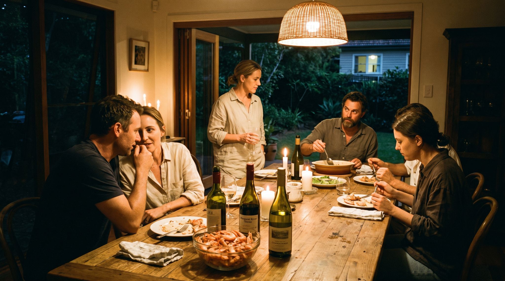 Six adults mid-meal at a long timber dinner table on a summer evening, lit by one low pendant and candles with the corners of the room in shadow