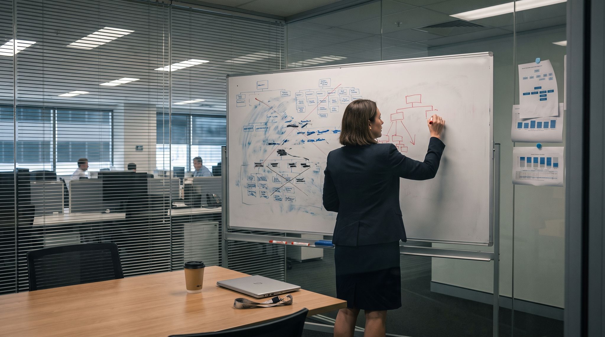 A glass-walled office meeting room where three organisational charts have been drawn over one another on the whiteboard wall, the oldest faded