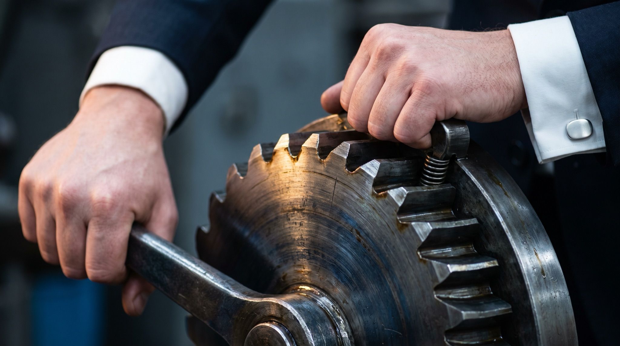 An extreme close-up of a heavy machined steel ratchet wheel and its spring-loaded pawl, the asymmetric teeth lit by hard raking sidelight