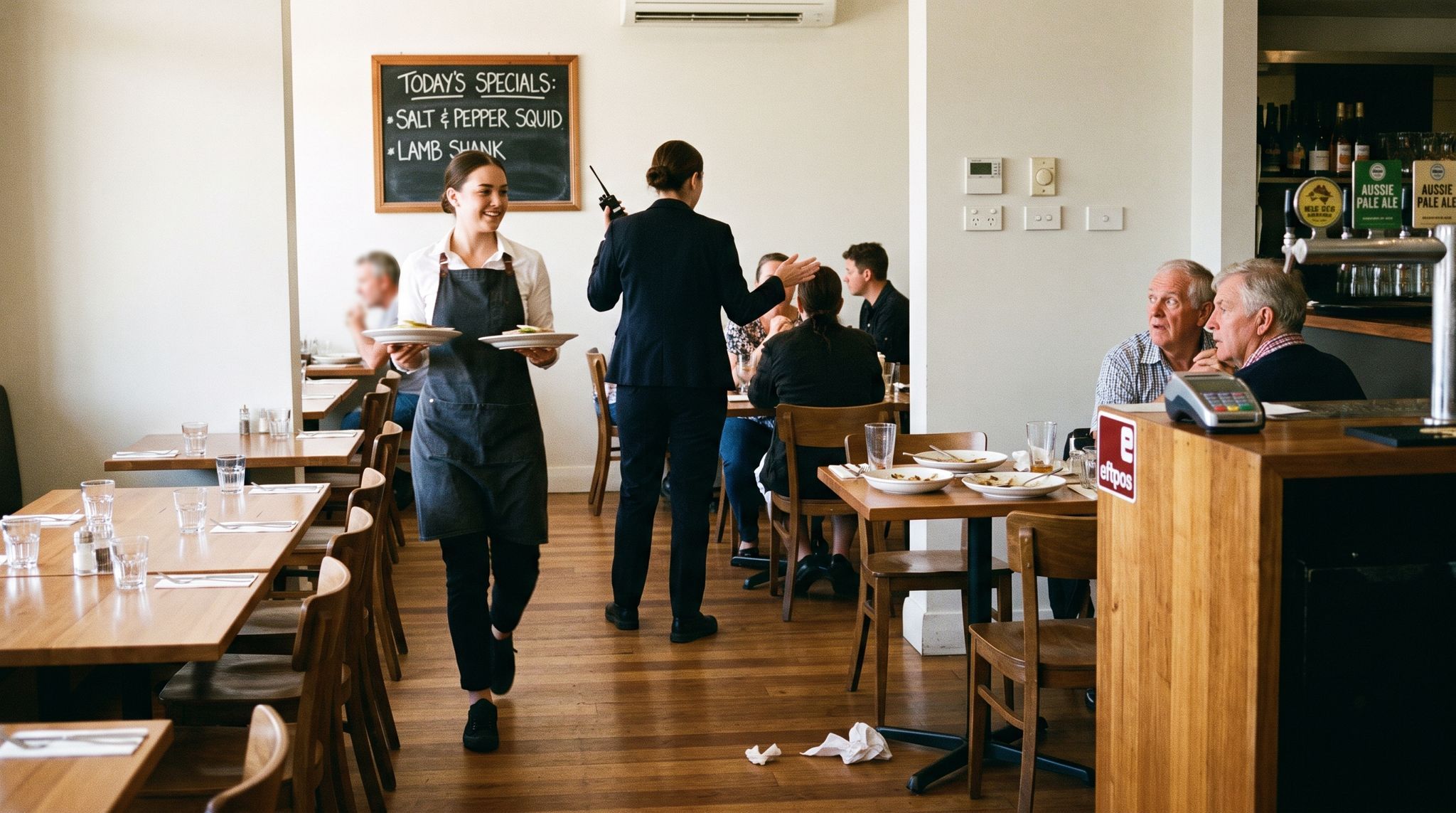 A restaurant dining room where one section is crisp and attended and the section beside it is adrift