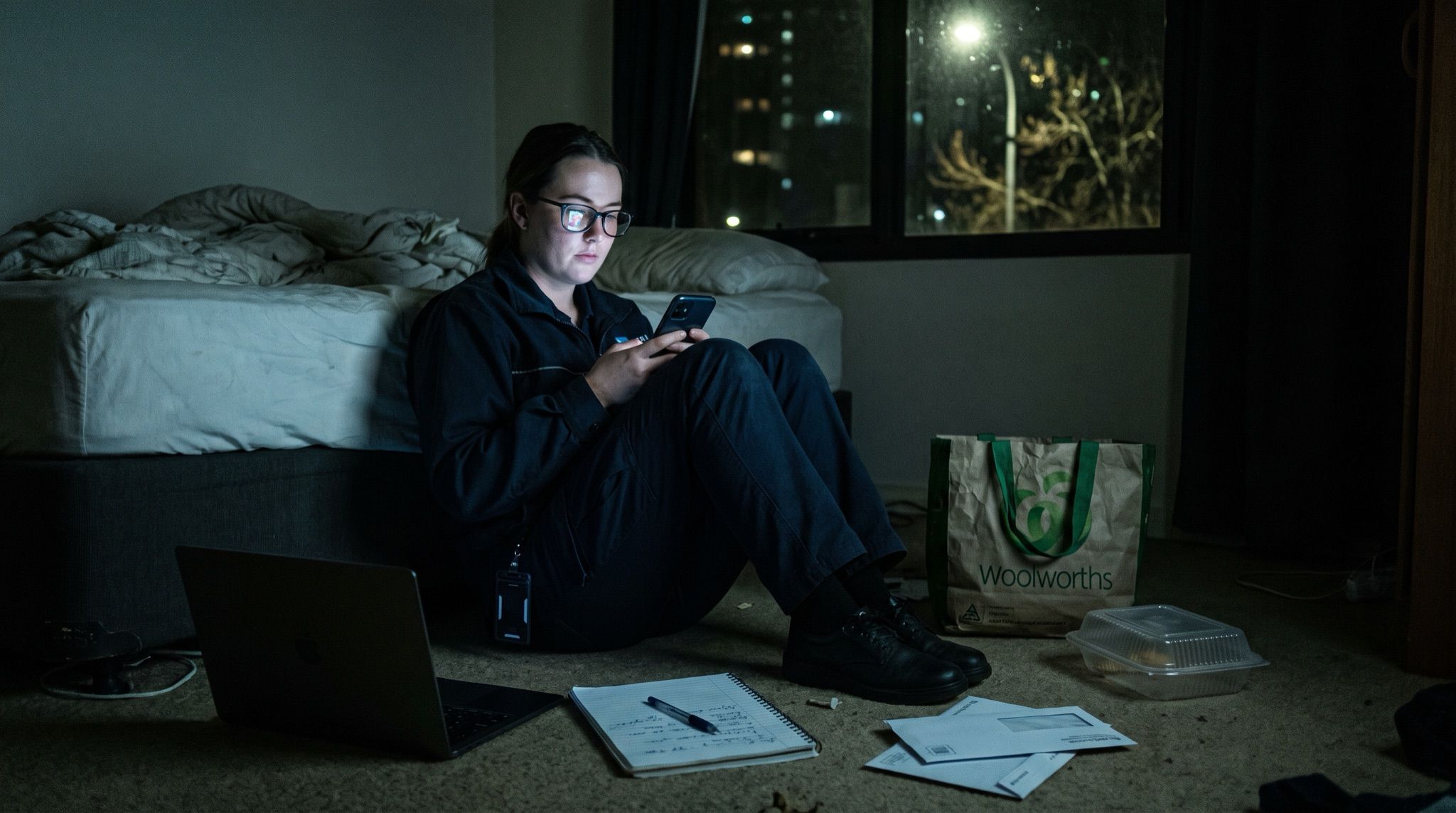 A woman in her mid twenties sitting on the carpet of a small rented apartment at two in the morning, still in work clothes with a second job's lanyard on